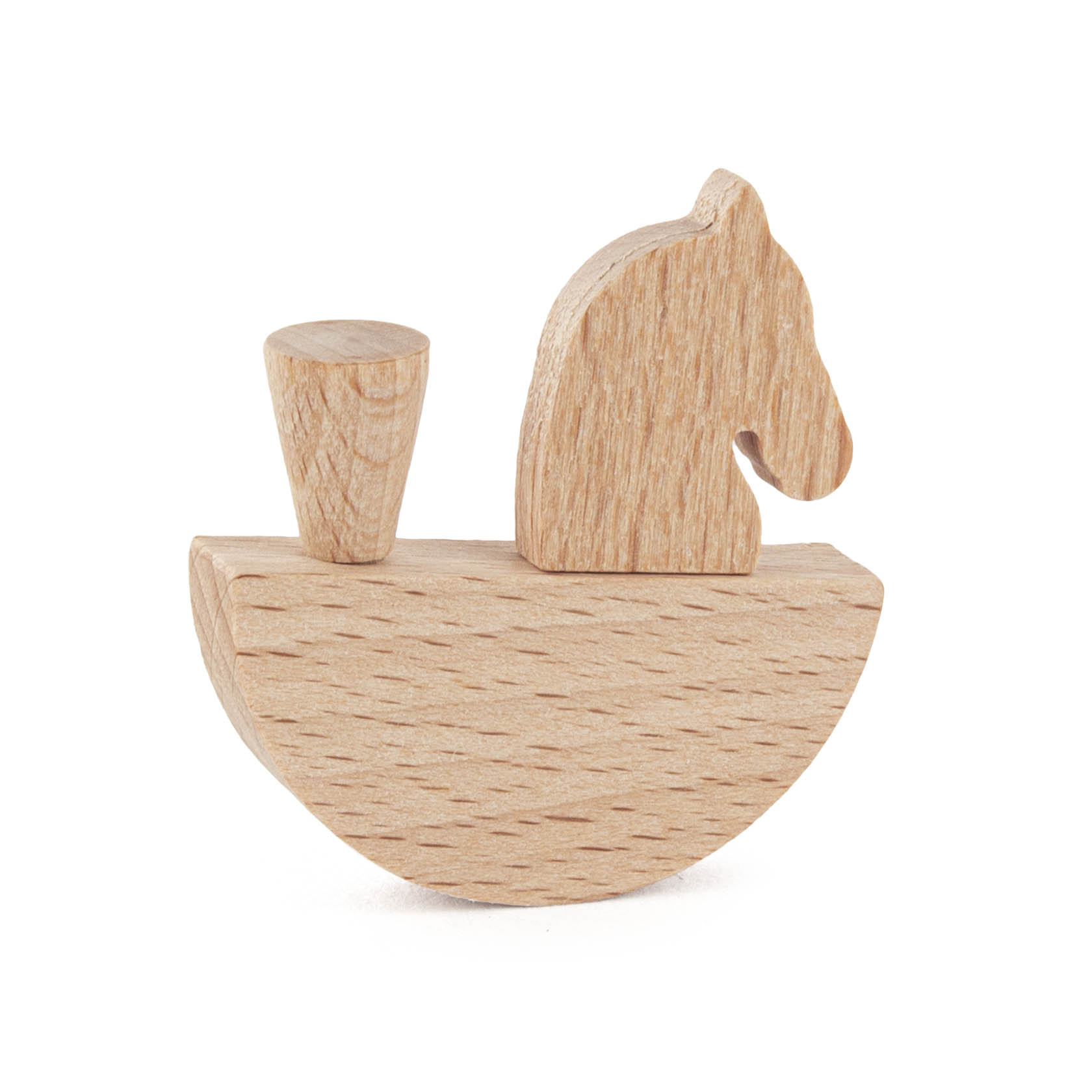 A small 4cm wooden rocking horse kit featuring a simplistic design with a horse head and a rounded base. im Dregeno Online Shop günstig kaufen