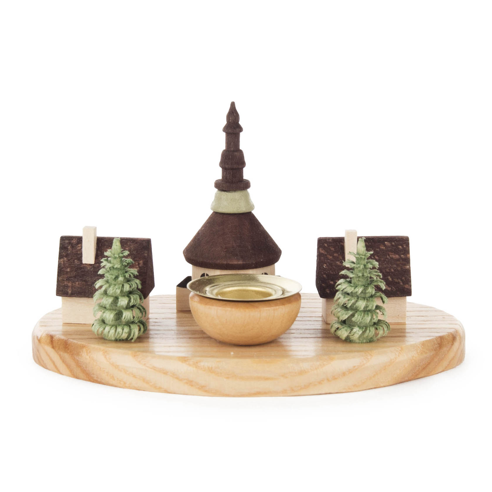 Wooden candle holder featuring a miniature model of Seiffen village with a central church, flanked by two houses and green trees.