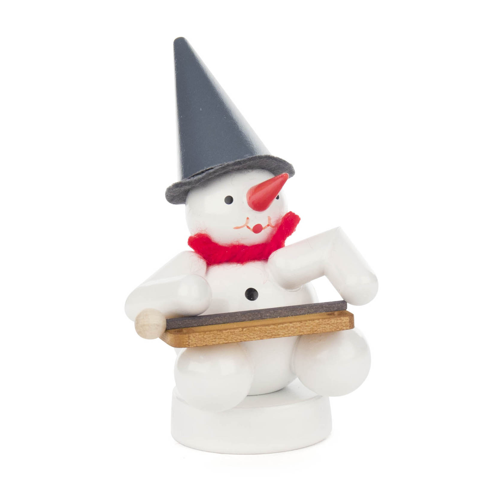 A cute snowman figurine with a pointy hat, holding a dulcimer in its hands. The snowman has red accessories like a scarf and nose, and a cheerful expression. im Dregeno Online Shop günstig kaufen