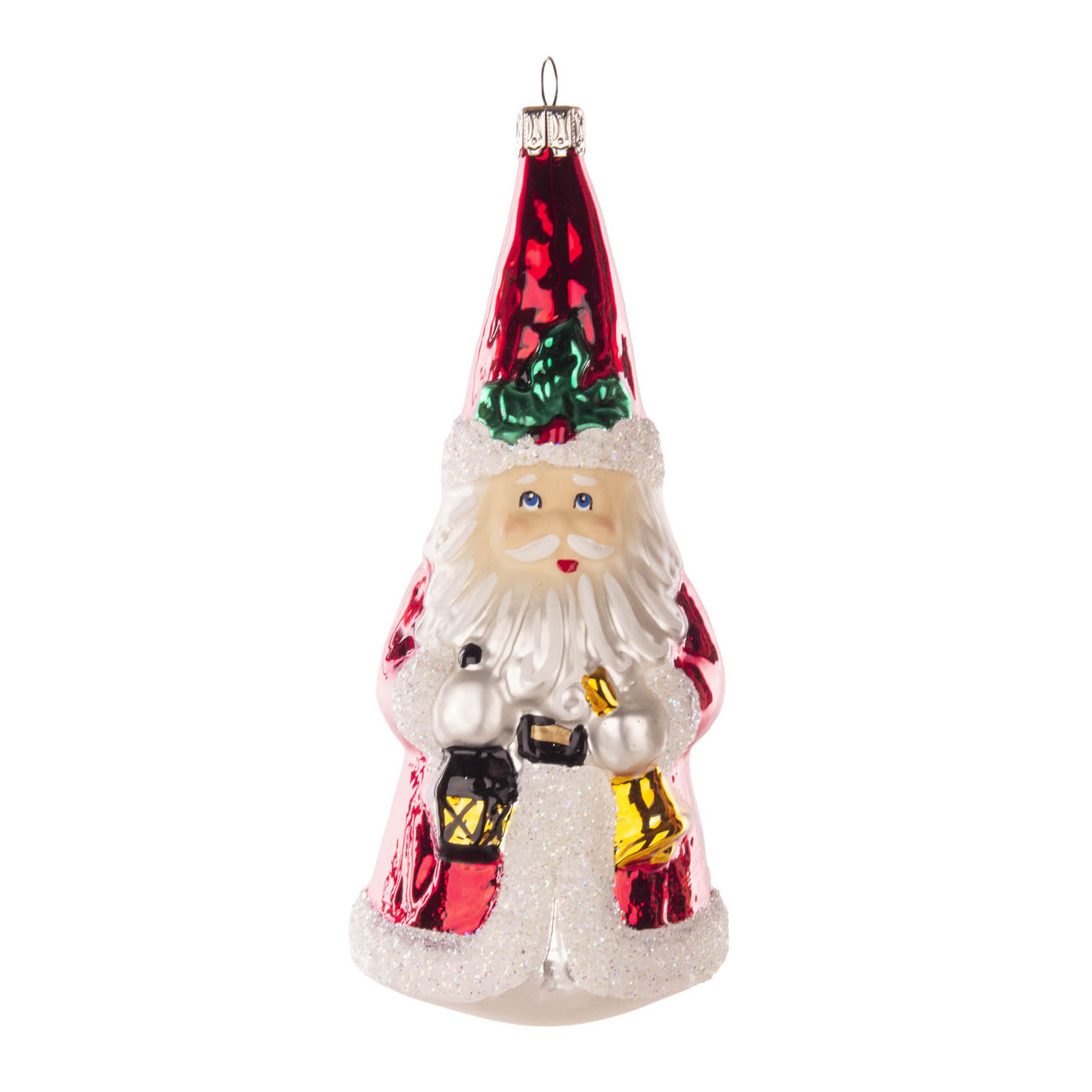 Thüringer Christbaumschmuck in Form eines Weihnachtsmanns mit rotem Mantel, langem weißen Bart und Laterne in der Hand, elegant glitzernd verziert.
