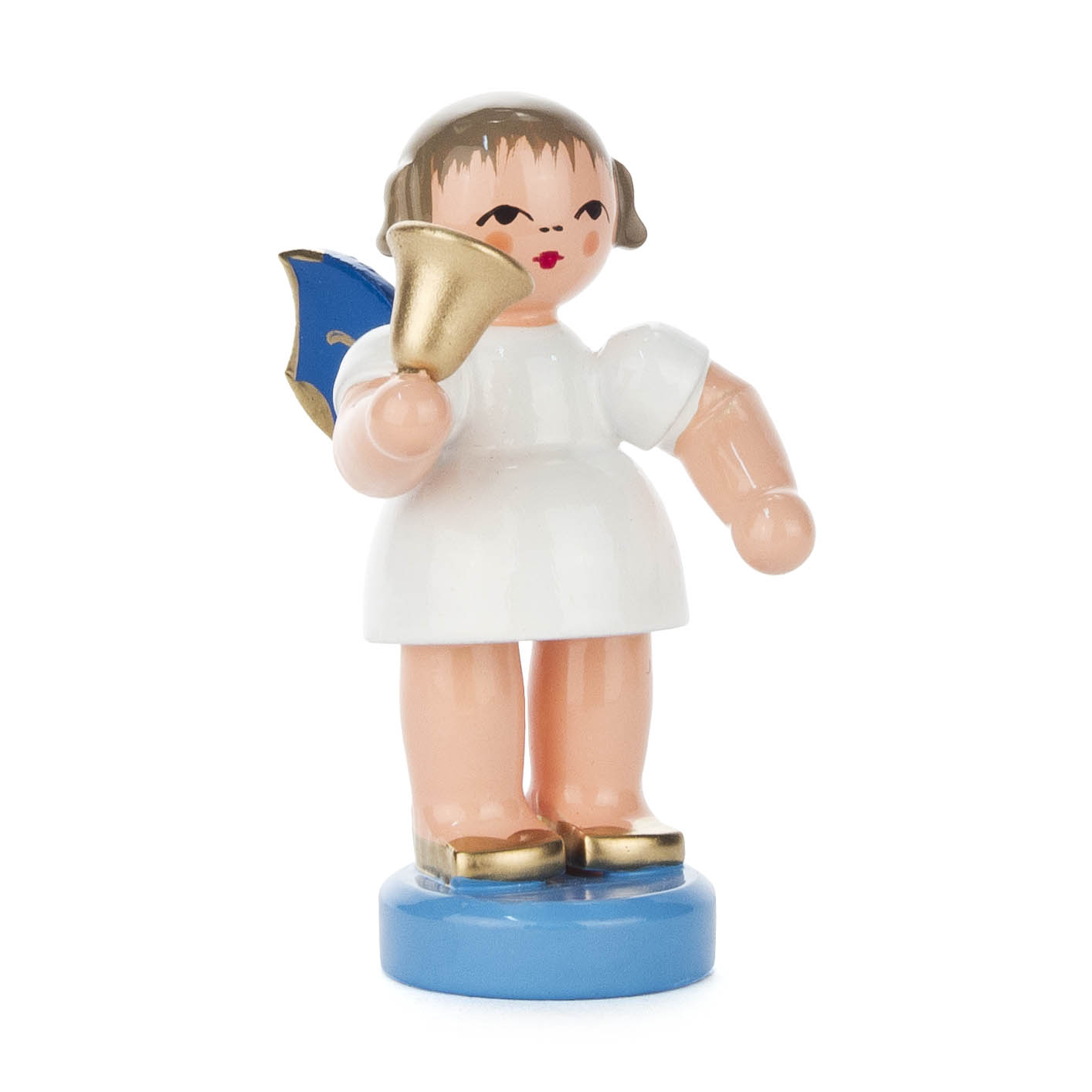 Holzengel-Figur mit blauen Flügeln hält eine goldene Glocke in der Hand, steht auf einem blauen Sockel. im Dregeno Online Shop günstig kaufen