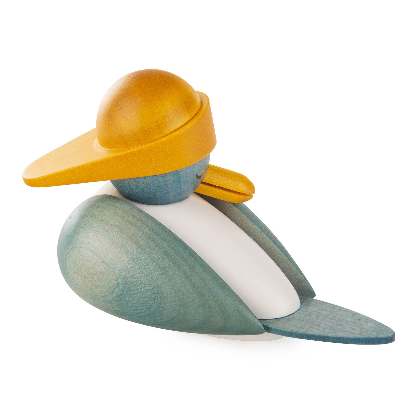 A sleeping wooden seagull with a blue body, white chest, and tail. It wears a yellow and orange wide-brimmed hat.