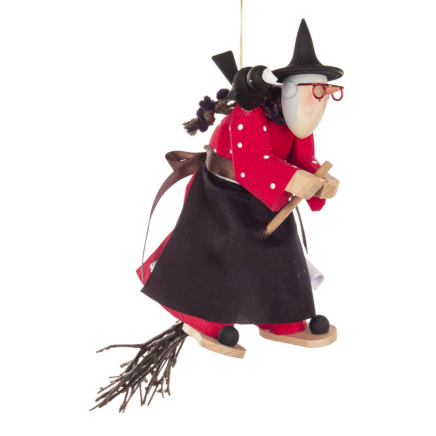 Hexe mit Rabe auf Besen, geschnitzt, zum Hängen im Dregeno Online Shop günstig kaufen