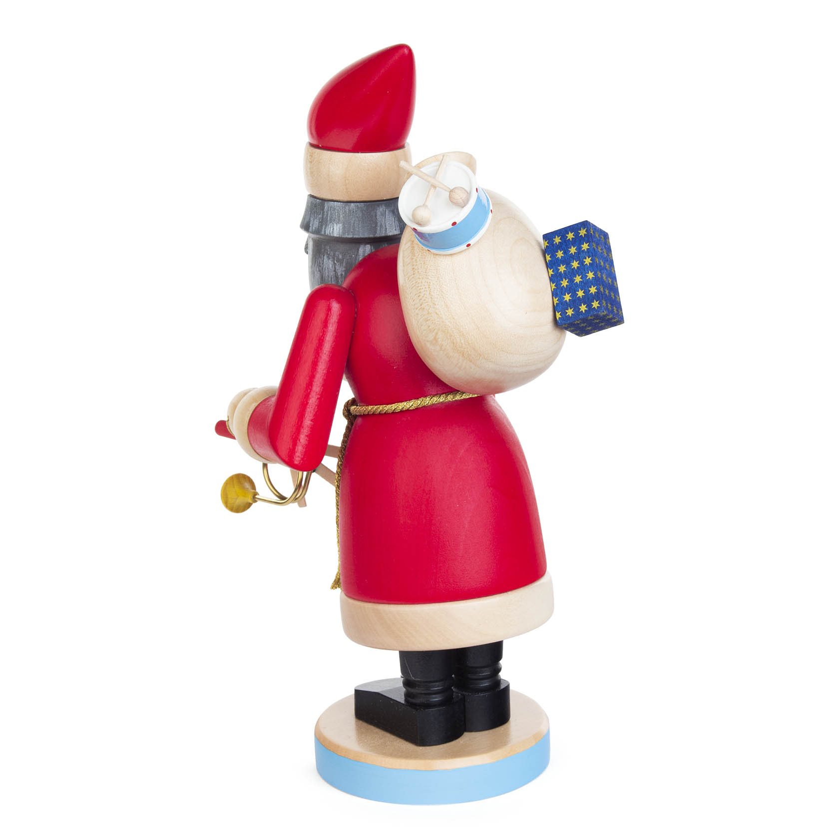 A traditional wooden incense smoker figure depicting a red-clad Santa Claus with a white beard, holding a small sack and a bell.