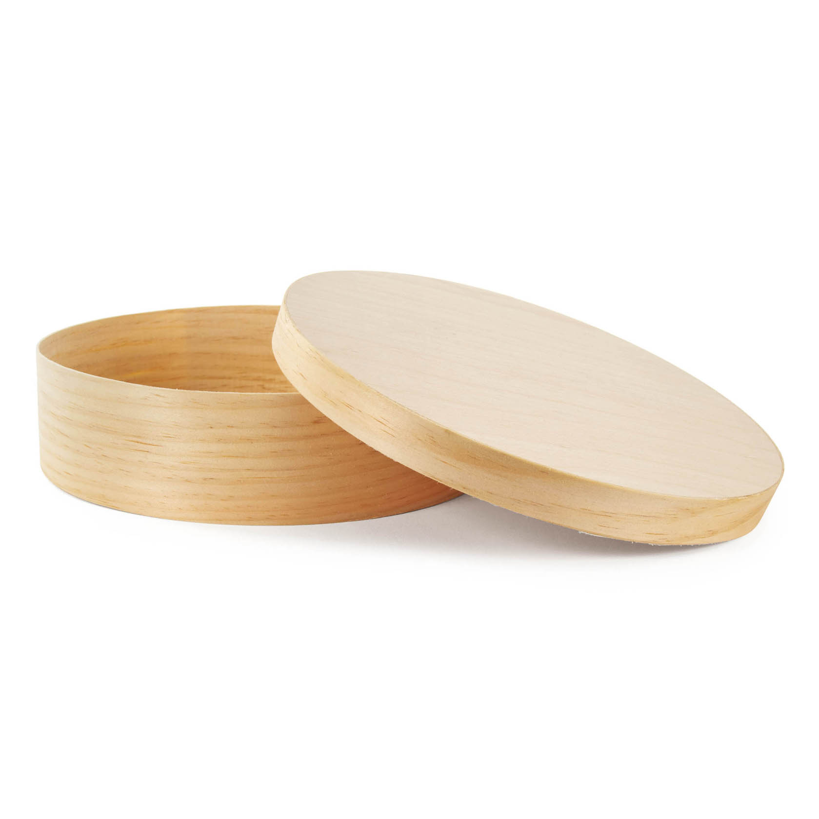 Round wooden veneer box with lid partially open, dimensions approximately 200x60 mm.