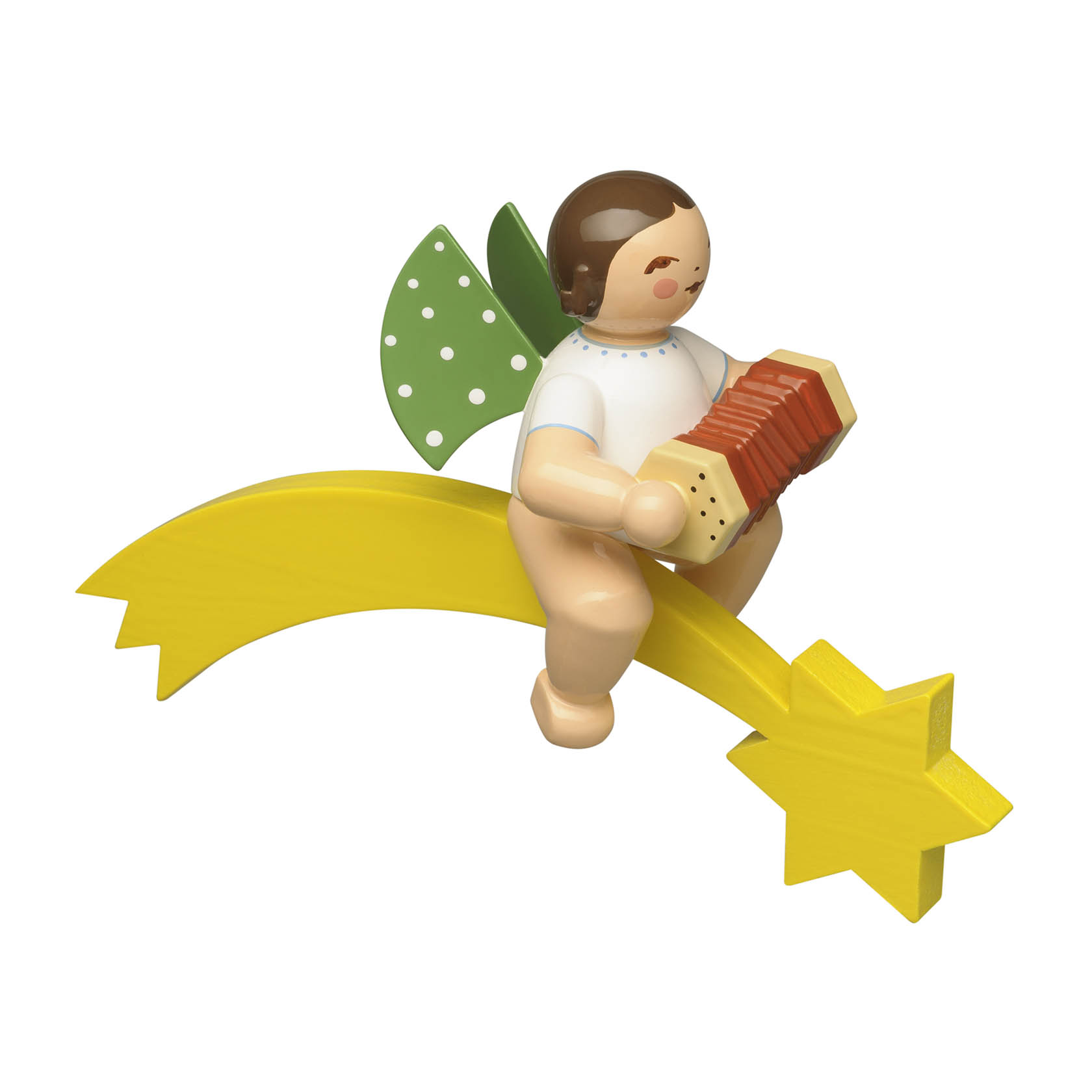 Holzfigur eines Engels mit braunem Haar, grünen Flügeln mit weißen Punkten, der auf einer gelben Kometenfigur mit einem Stern sitzt und eine Konzertina spielt. im Dregeno Online Shop günstig kaufen