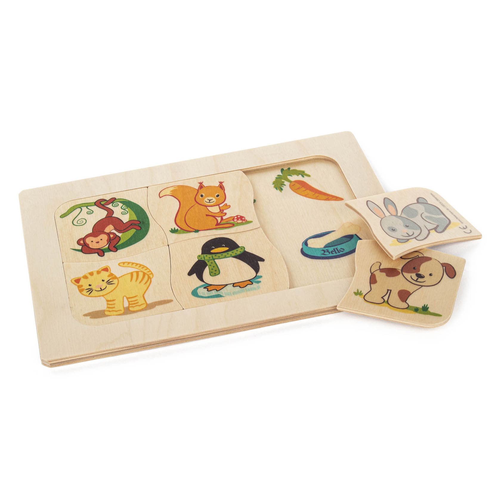 Wooden puzzle board with various animal shapes and their corresponding food items. Pieces include a monkey with a banana, a squirrel with a nut, a rabbit with a carrot, a cat with a fish, a penguin with a fish, and a dog with a bone.