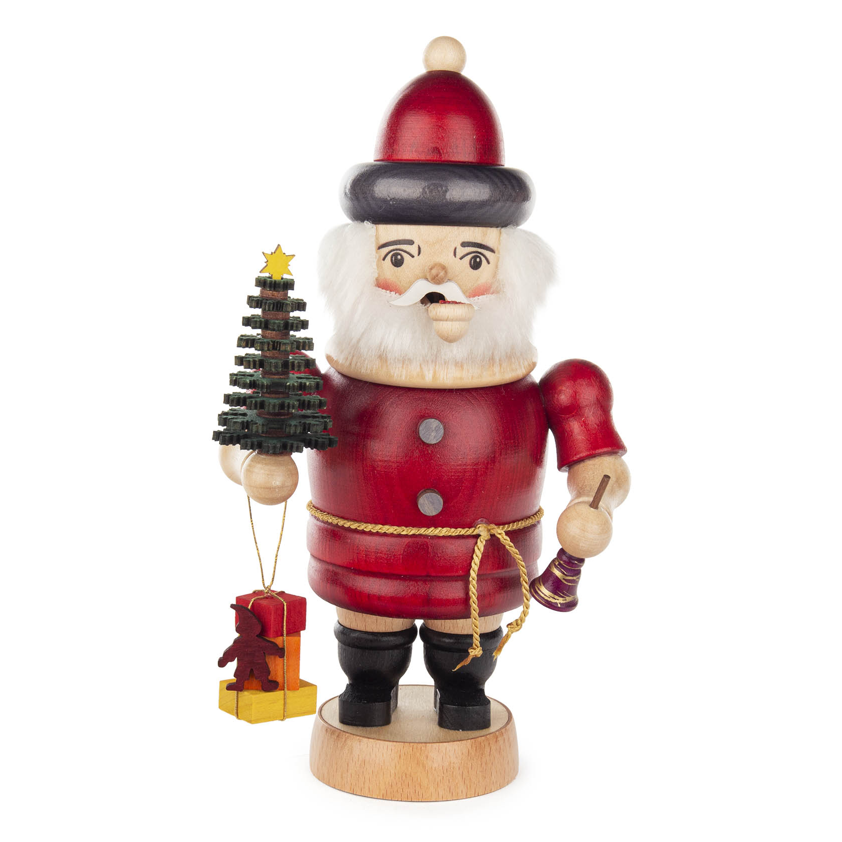 Ein traditioneller Räuchermann in Form eines Weihnachtsmannes. Er trägt einen roten Mantel und Hut, hält einen kleinen Weihnachtsbaum und eine Glocke. Ein Geschenk ist an seinem Gürtel befestigt.