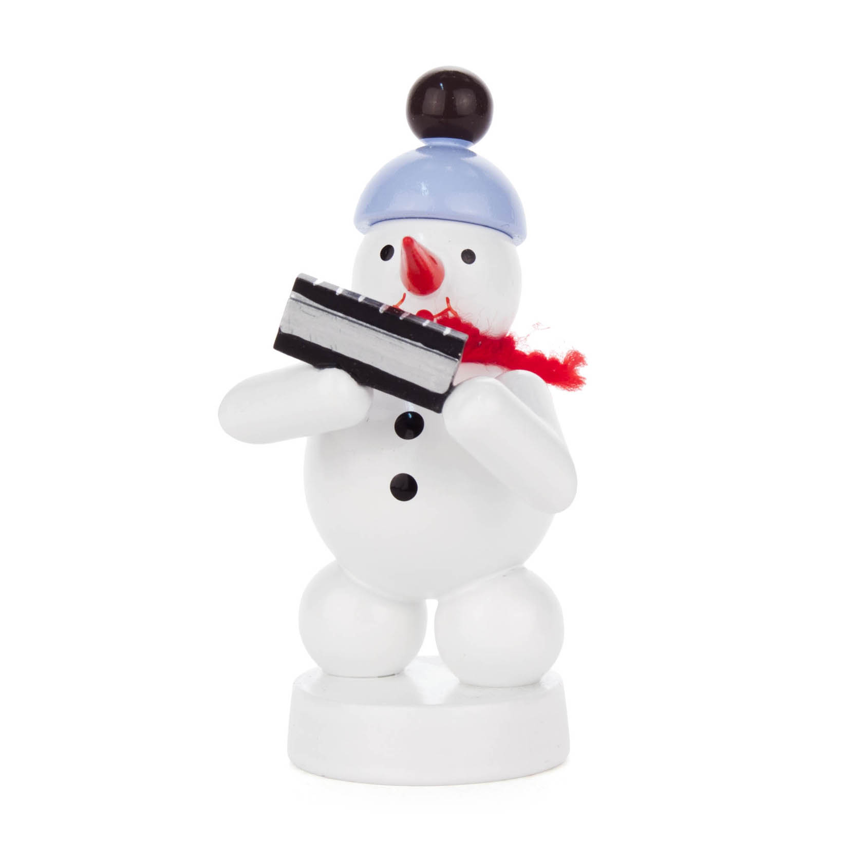 A small snowman with a blue hat and a red scarf, playing a black and white harmonica. im Dregeno Online Shop günstig kaufen