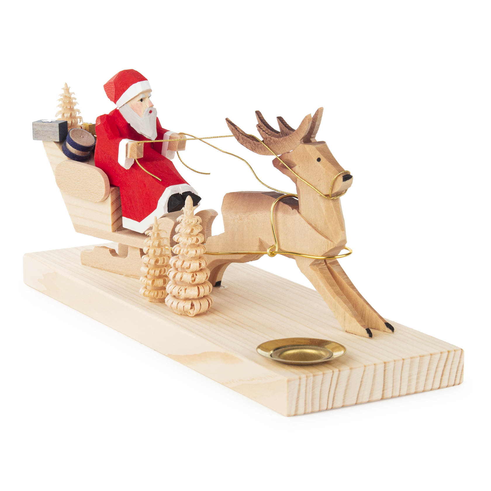 Weihnachtsmann im Hirschschlitten mit Hase, geschnitzt, für Kerze d=14m