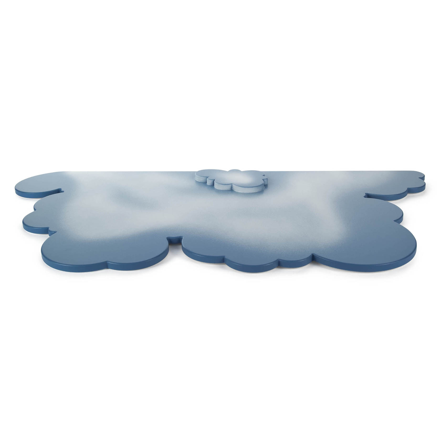 A large, blue cloud-shaped wall-mounted shelf with thin metal edges and a smaller cloud shelf on top.