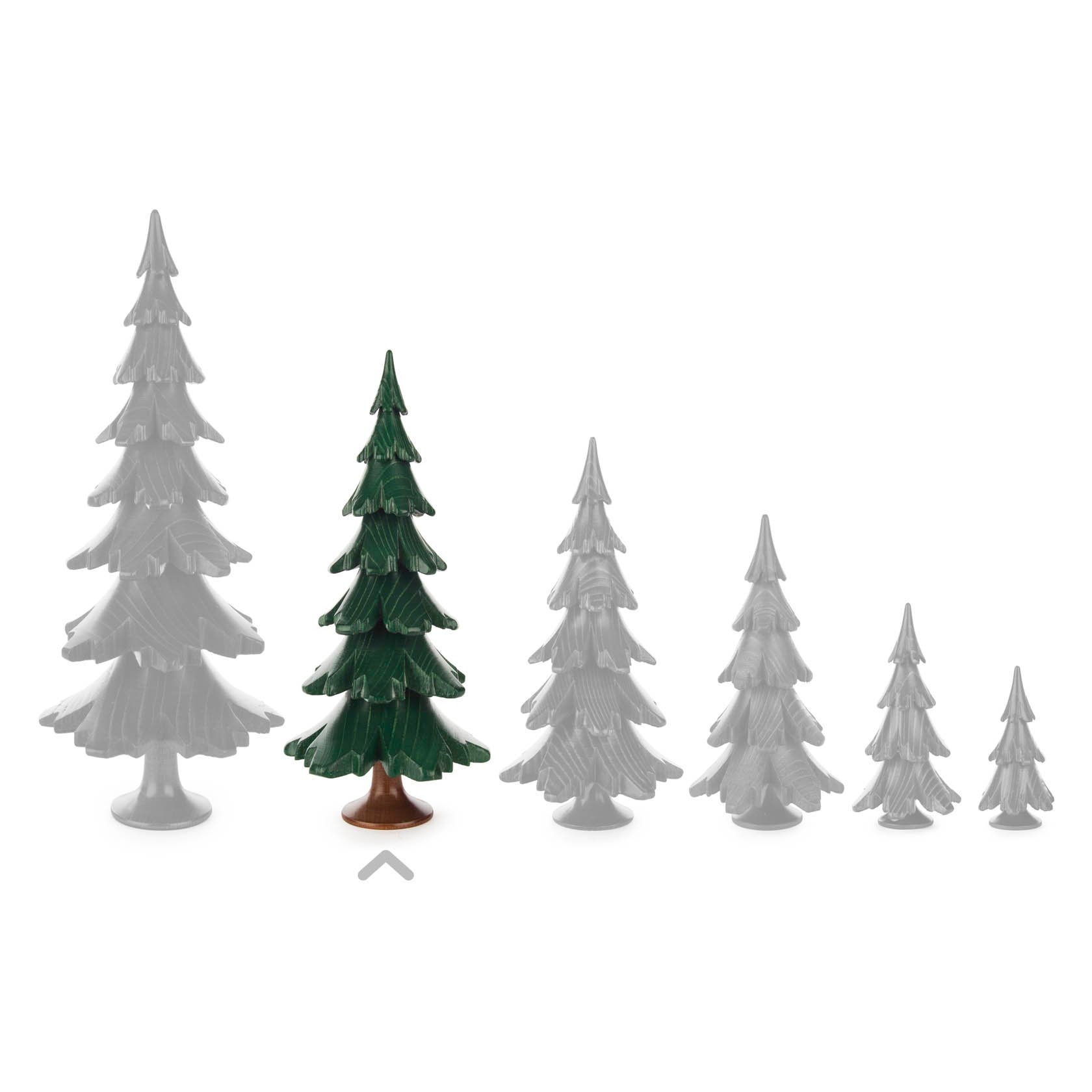 Grüner lasierter Massivholzbaum, 19 cm hoch, umgeben von anderen Bäumen in verschiedenen Größen in Grau dargestellt.