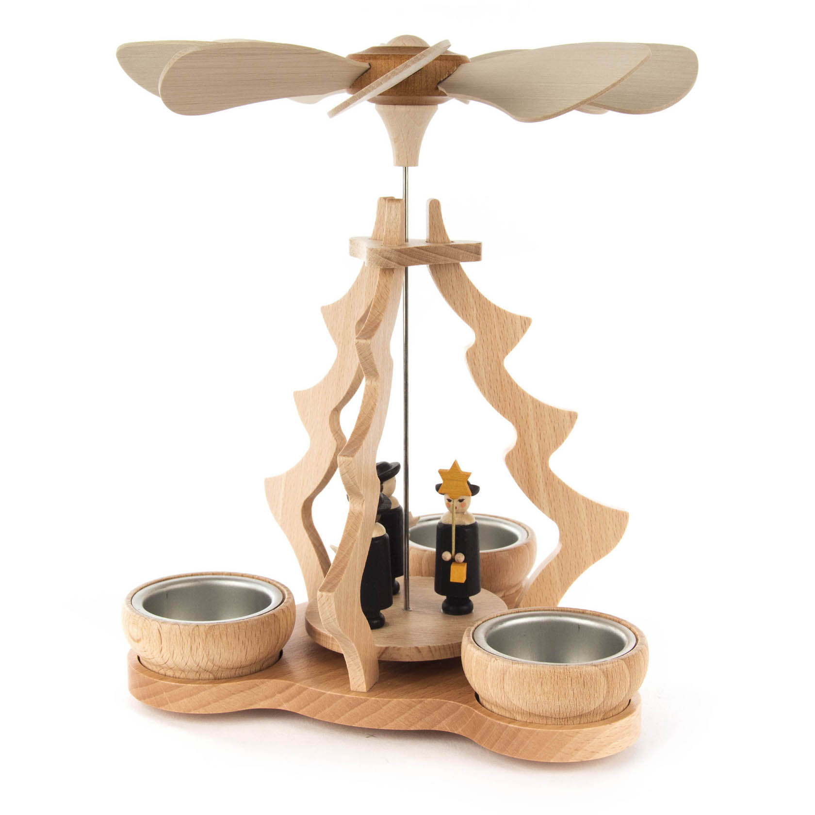 Holzpyramide mit Kurrende-Figuren und Platz für vier Teelichter. Die Pyramide hat zwei geschwungene Holzflügel und eine sternförmige Mitte.
