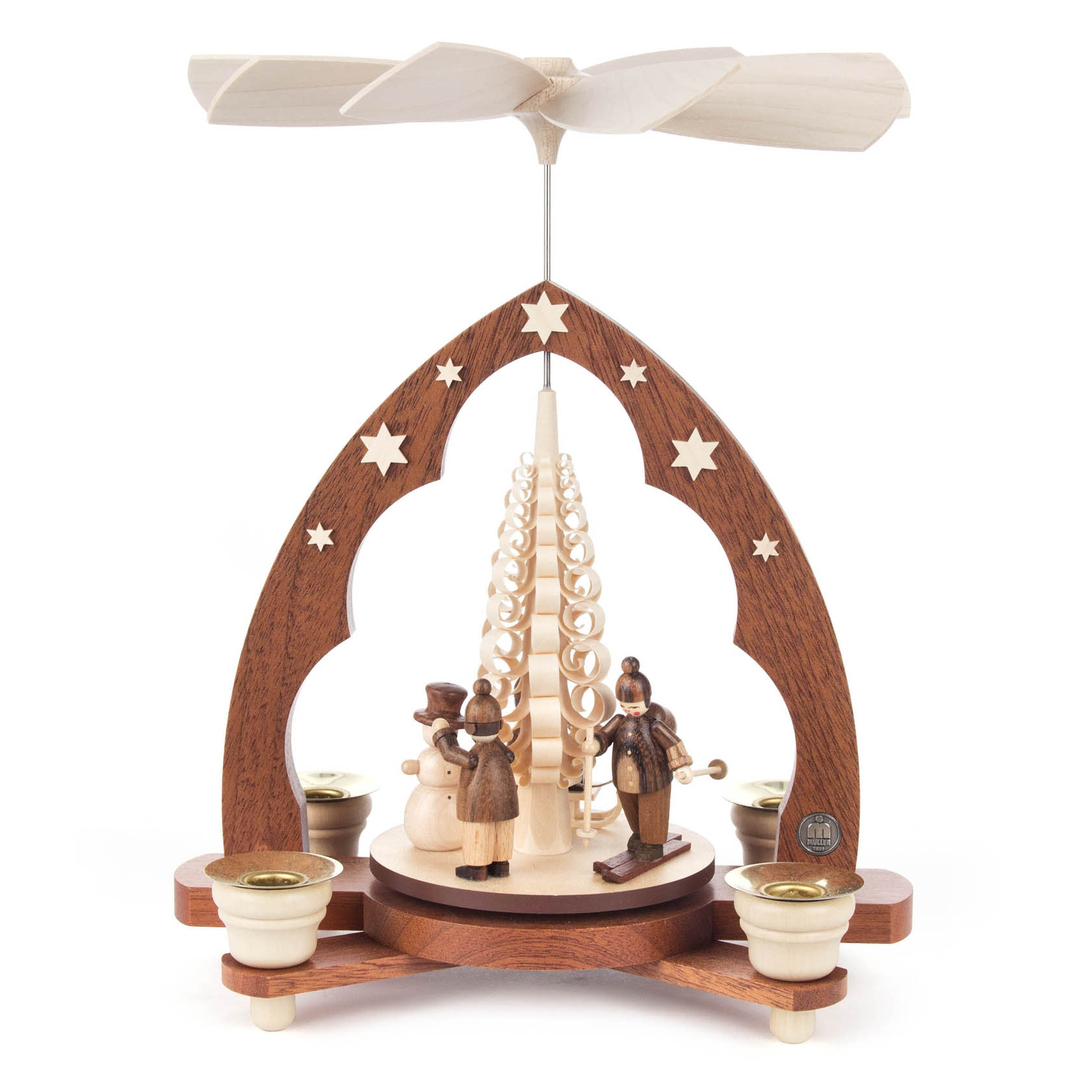 Wooden pyramid with a propeller top, featuring winter children figures and a snowman, designed to hold 14mm diameter candles. im Dregeno Online Shop günstig kaufen