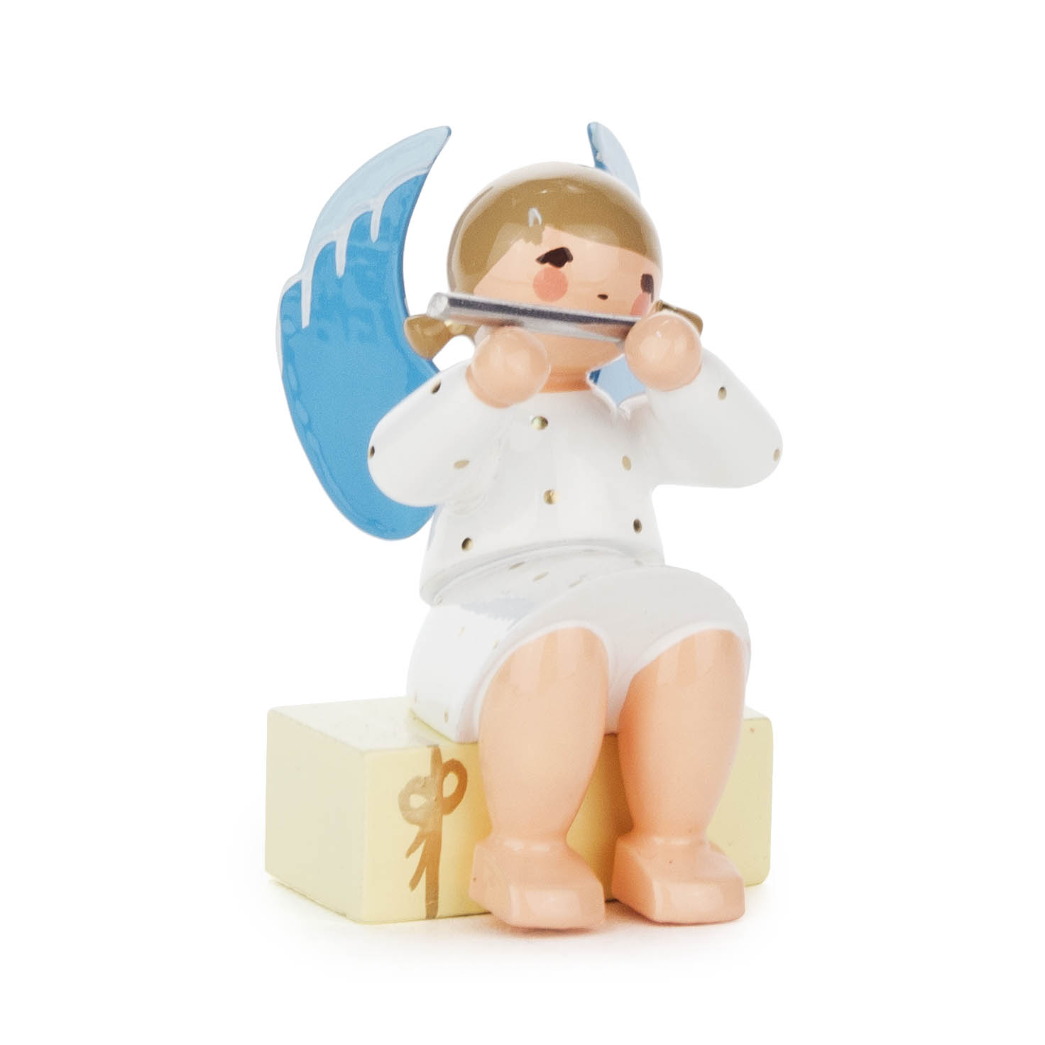 Engel mit Querflöte auf Geschenkpaket sitzend im Dregeno Online Shop günstig kaufen