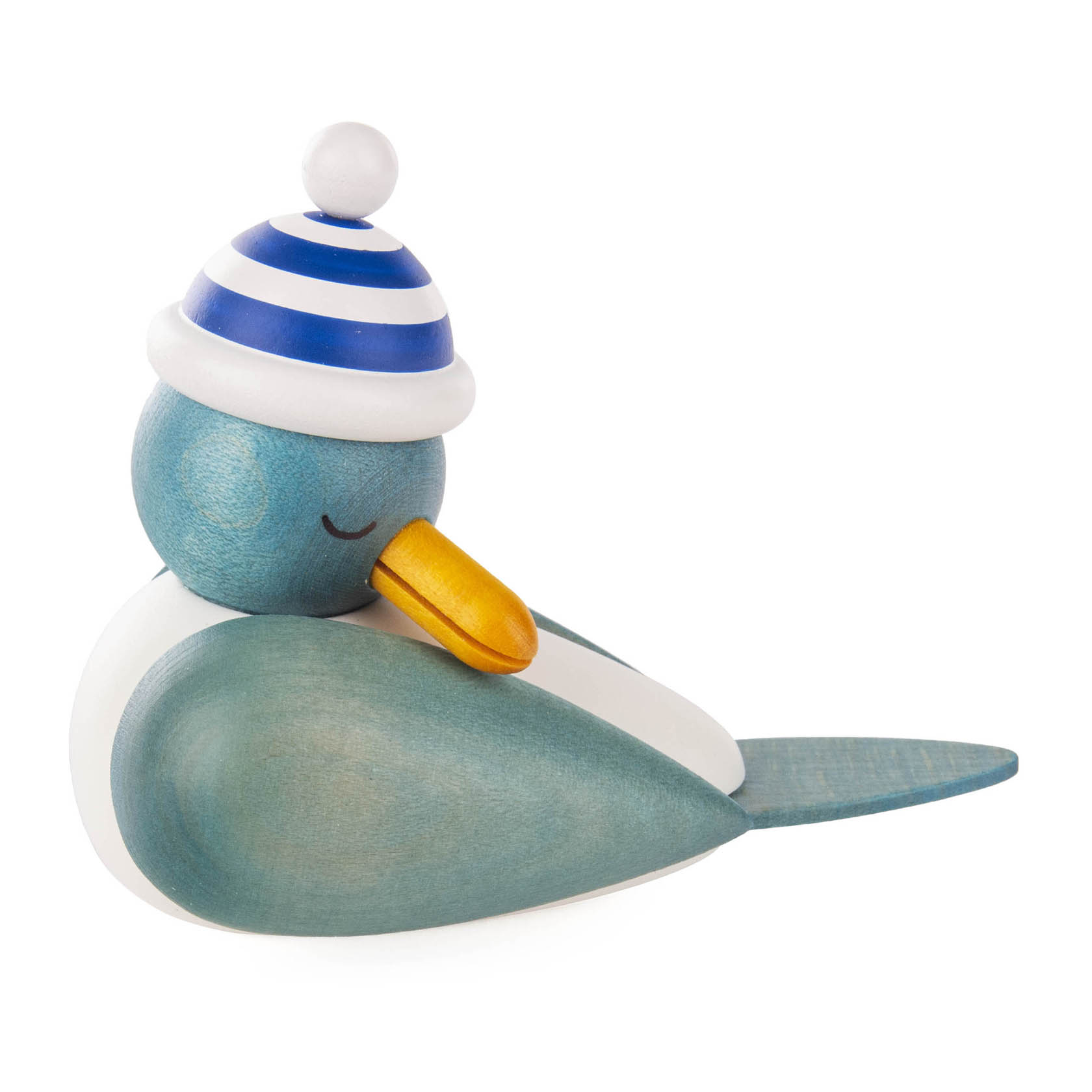 Carved blue sleeping seagull with closed eyes, wearing a white and blue striped beanie, and an orange beak. im Dregeno Online Shop günstig kaufen