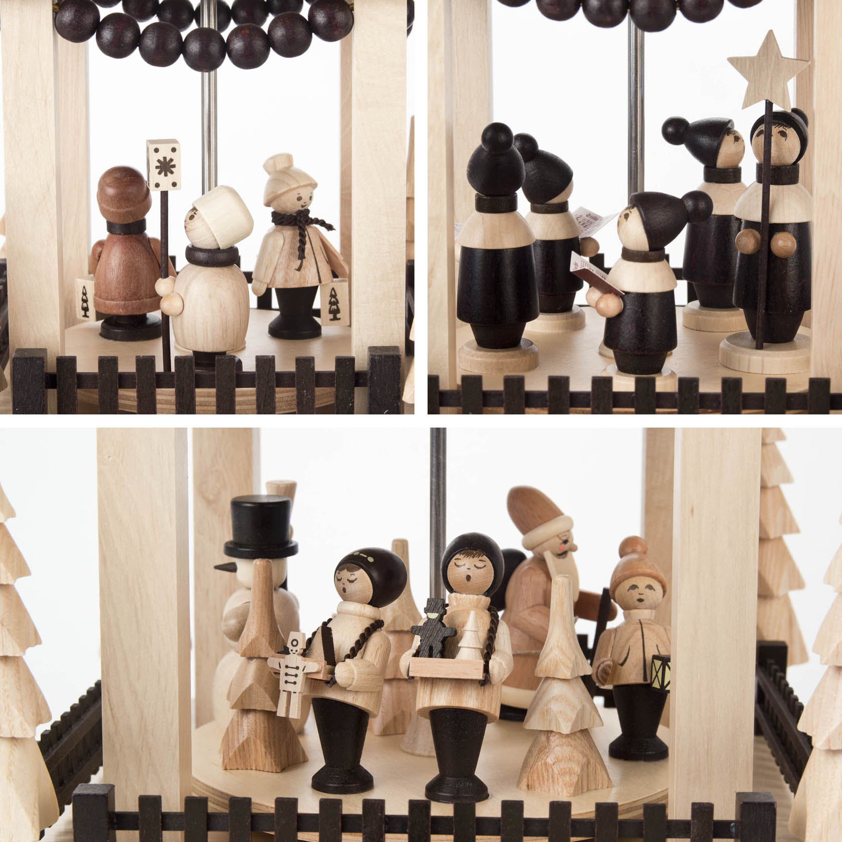 Holzpyramide mit drei Ebenen, auf denen handgefertigte Figuren in traditionellen Weihnachtskleidern stehen. Figuren tragen Instrumente und einen Stern.
