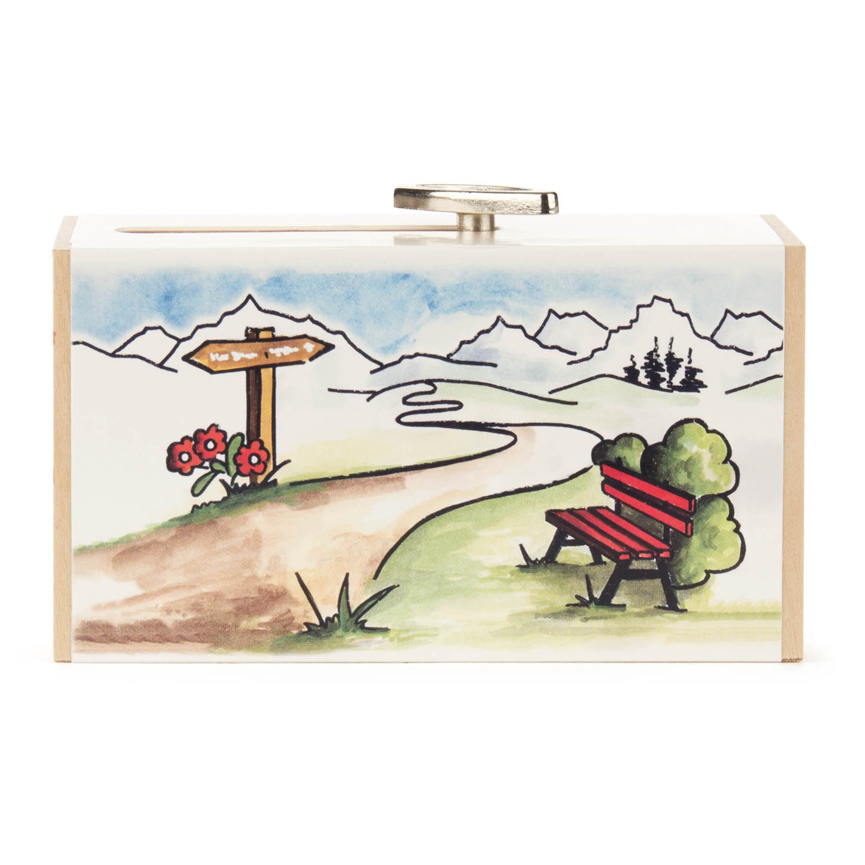 A decorative music box with an illustration of a bench next to a winding path, mountains, and a signpost, symbolizing a cheerful hiking scene.