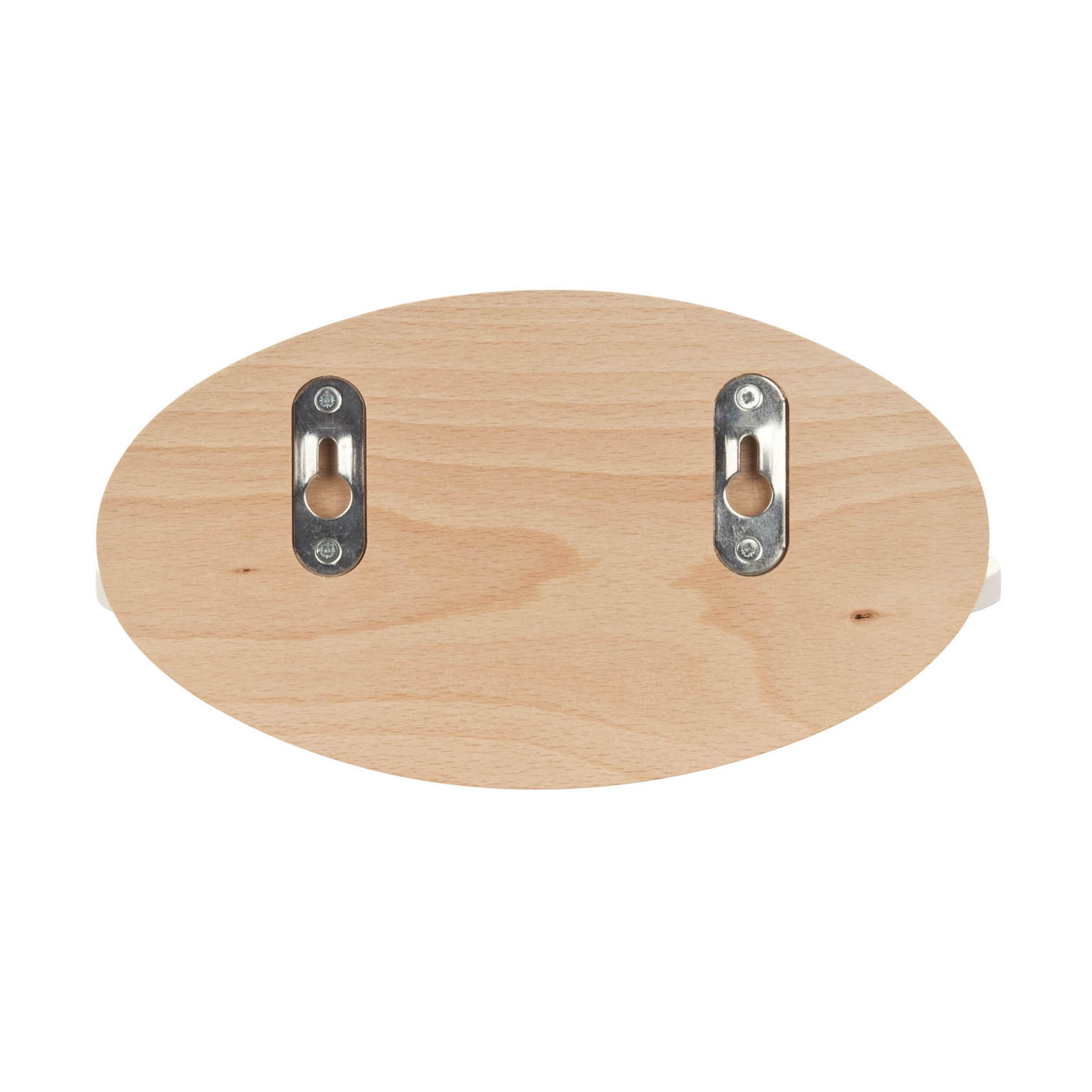 Ovaler Wandhalter aus Massivholz mit zwei metallischen Aufhängeschlitzen für Befestigung, sowie Zubehör für einfache Montage.