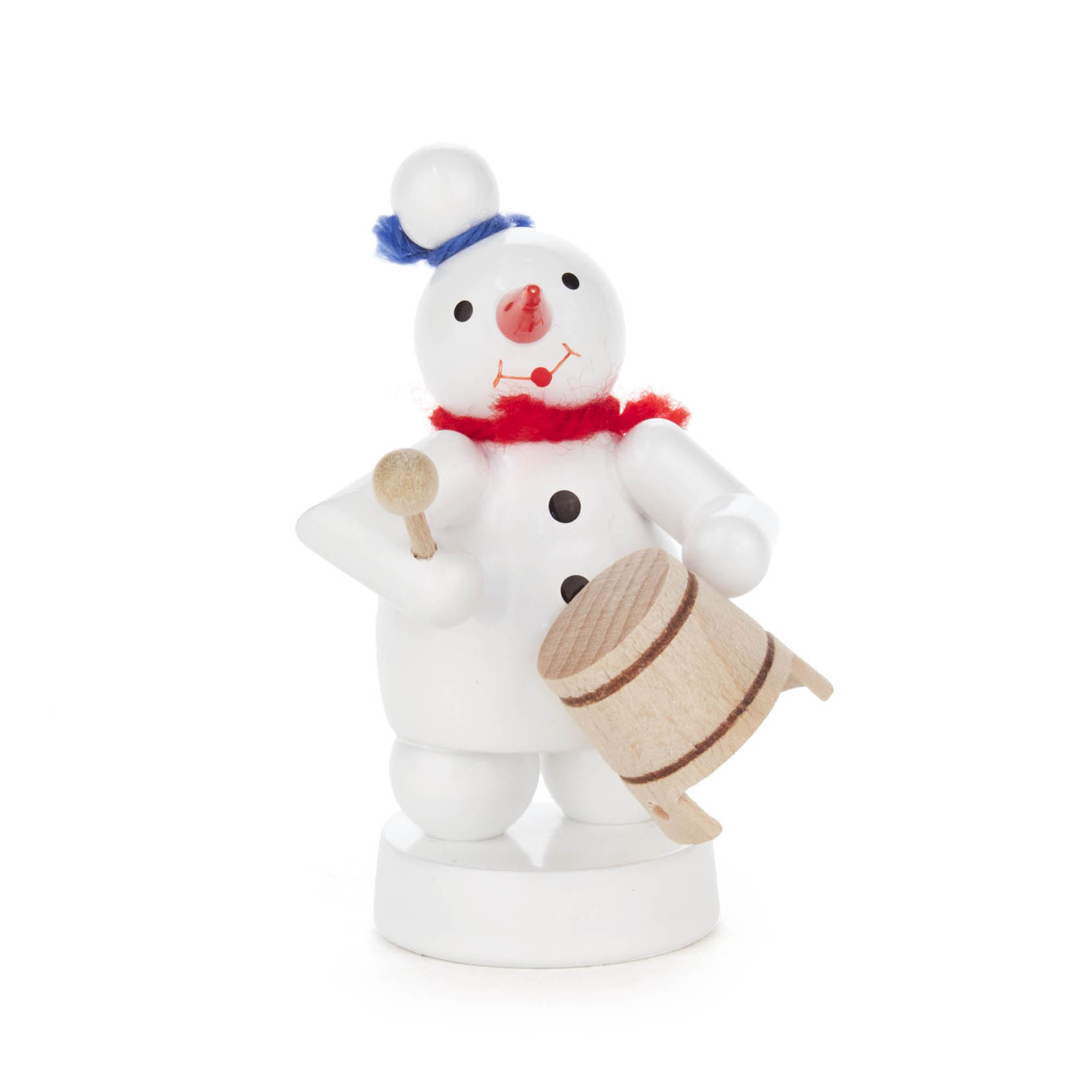 A small wooden snowman figurine with a red scarf and blue hat, holding a wooden drum and stick. im Dregeno Online Shop günstig kaufen
