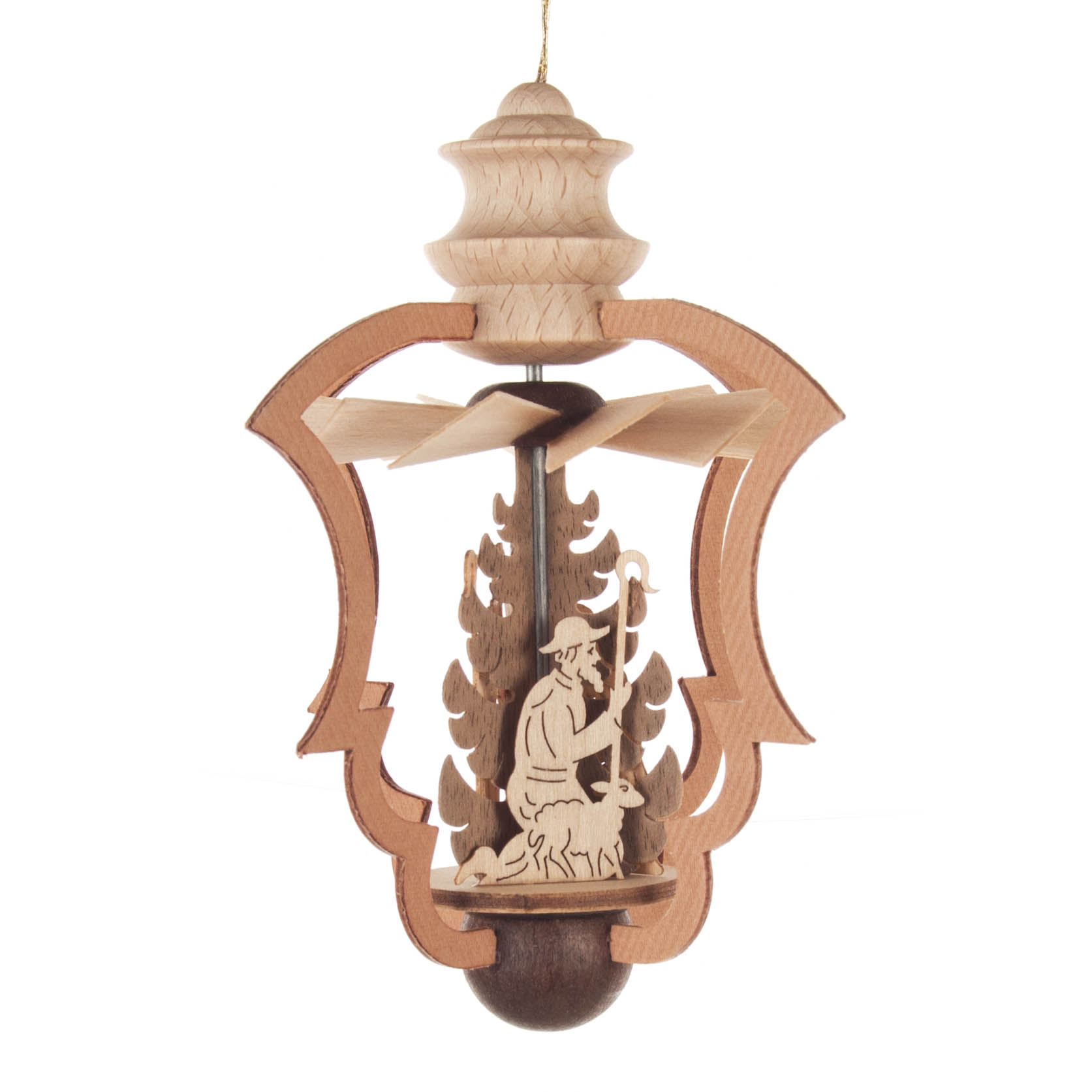 Wooden hanging ornament depicting shepherds and sheep, with a spinning top design resembling a Christmas pyramid.