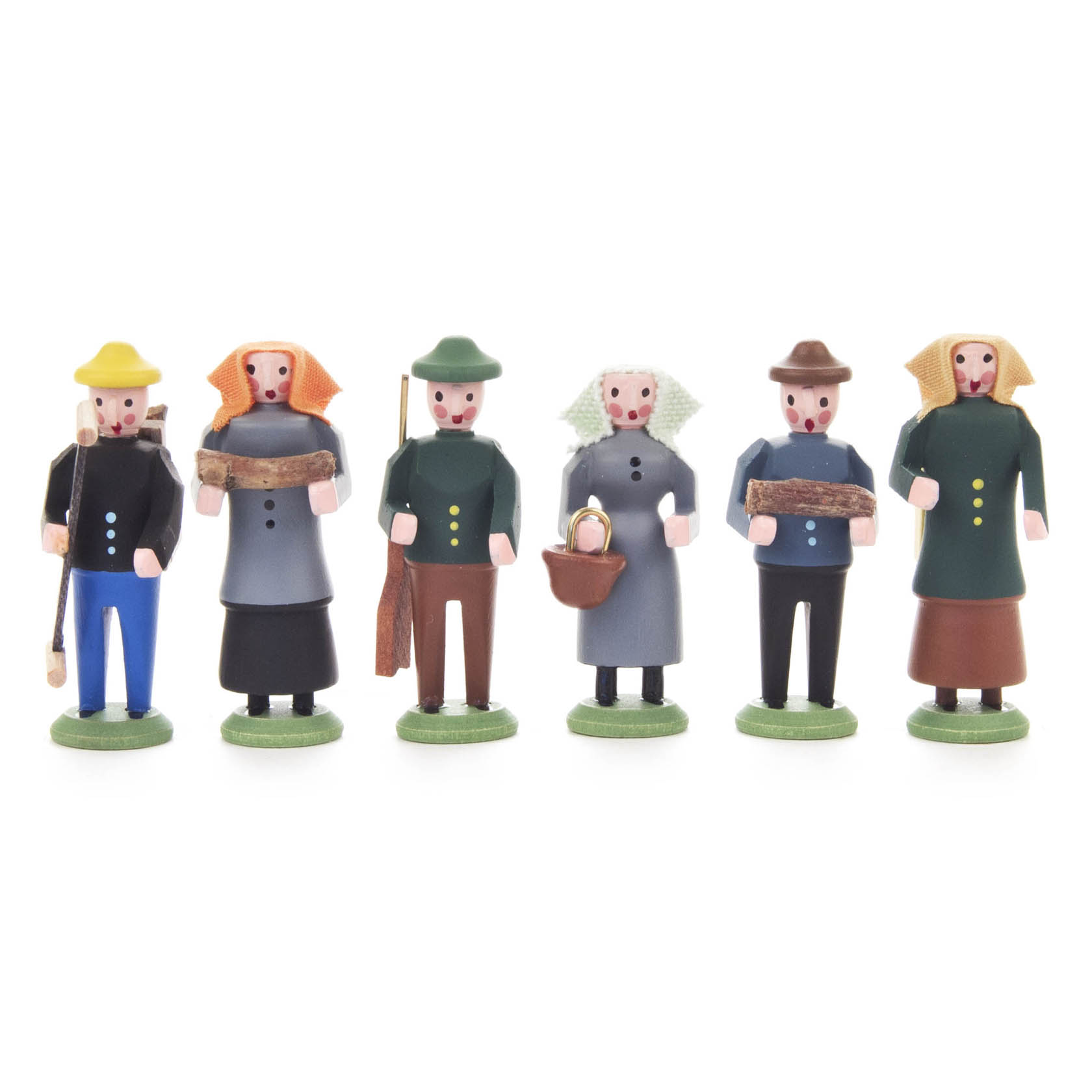 Sechs Miniaturfiguren von Waldleuten, jede in traditioneller Kleidung. Drei Frauen, die Körbe oder Holz tragen, und drei Männer mit Hüten und Mänteln. im Dregeno Online Shop günstig kaufen