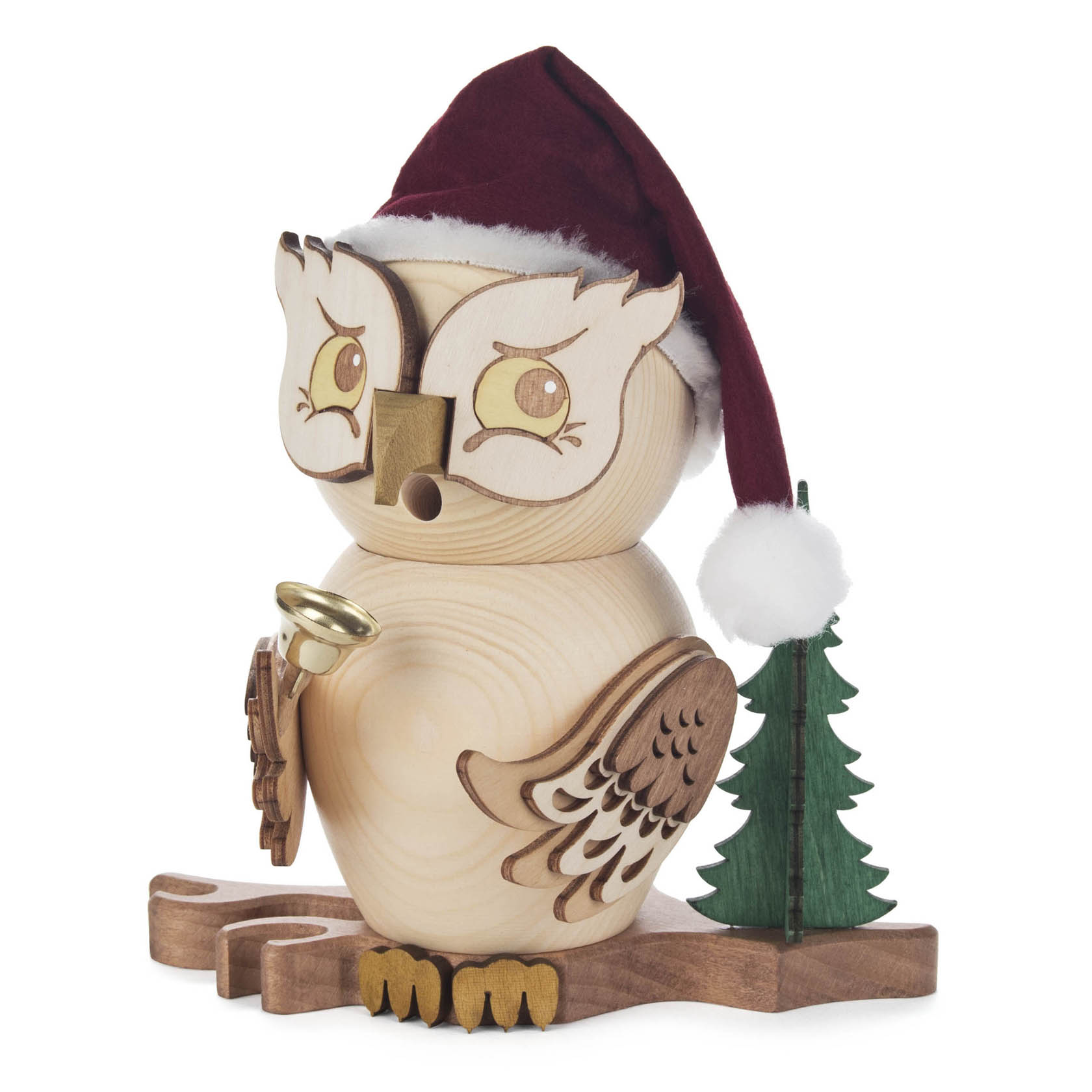 Holzfigur einer Eule mit Weihnachtsmannmütze, rauchend, mit einem kleinen Weihnachtsbaum und Flügeln, die ein Blasinstrument halten. im Dregeno Online Shop günstig kaufen