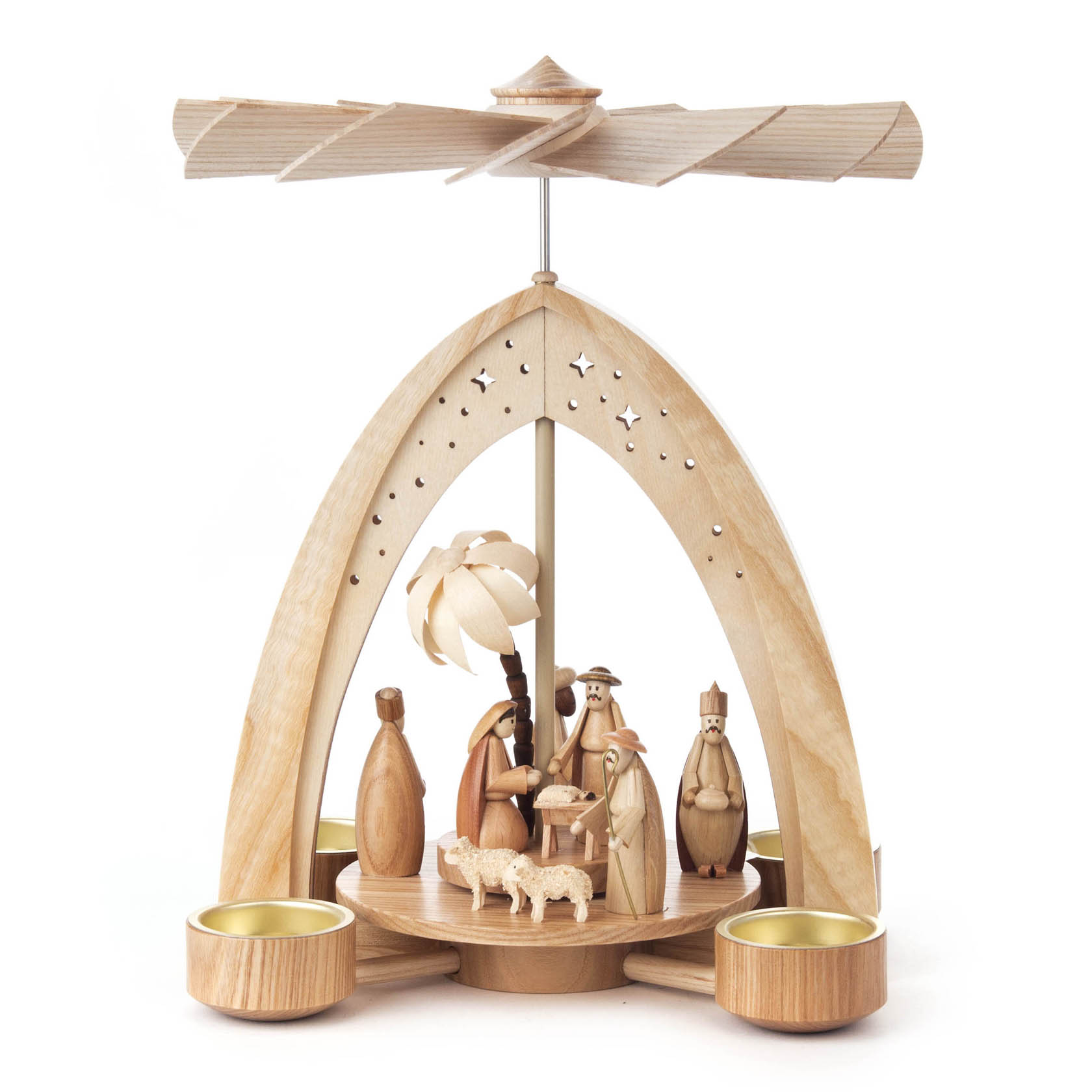 Eine Weihnachtsdekoration-Pyramide aus Holz mit Figuren der Geburt Christi, darunter Maria, Josef, Jesuskind, ein Hirte, die Heiligen Drei Könige und ein Schaf. im Dregeno Online Shop günstig kaufen