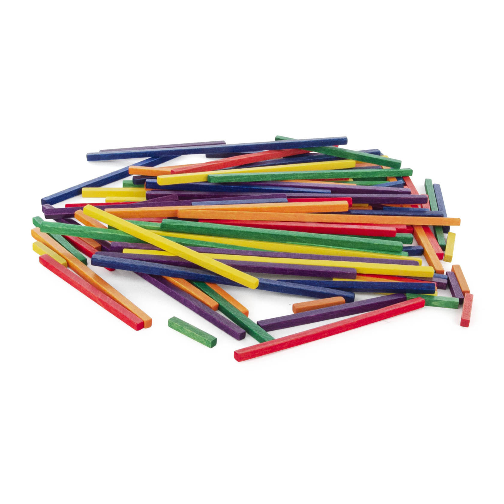 A pile of colorful wooden sticks scattered randomly on a white surface.