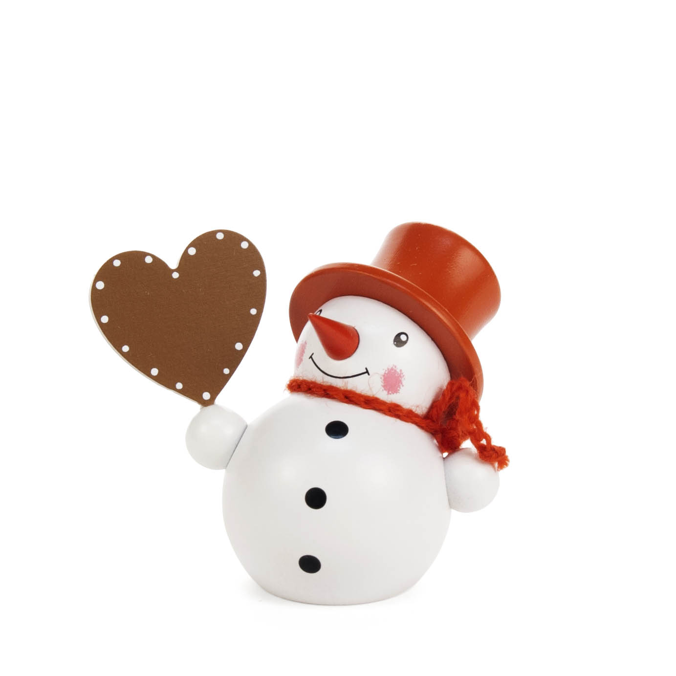 Ein weißer Schneemann mit rotem Zylinder und Schal hält ein braunes Herz mit weißen Punkten in der Hand. Der Schneemann lächelt freundlich. im Dregeno Online Shop günstig kaufen