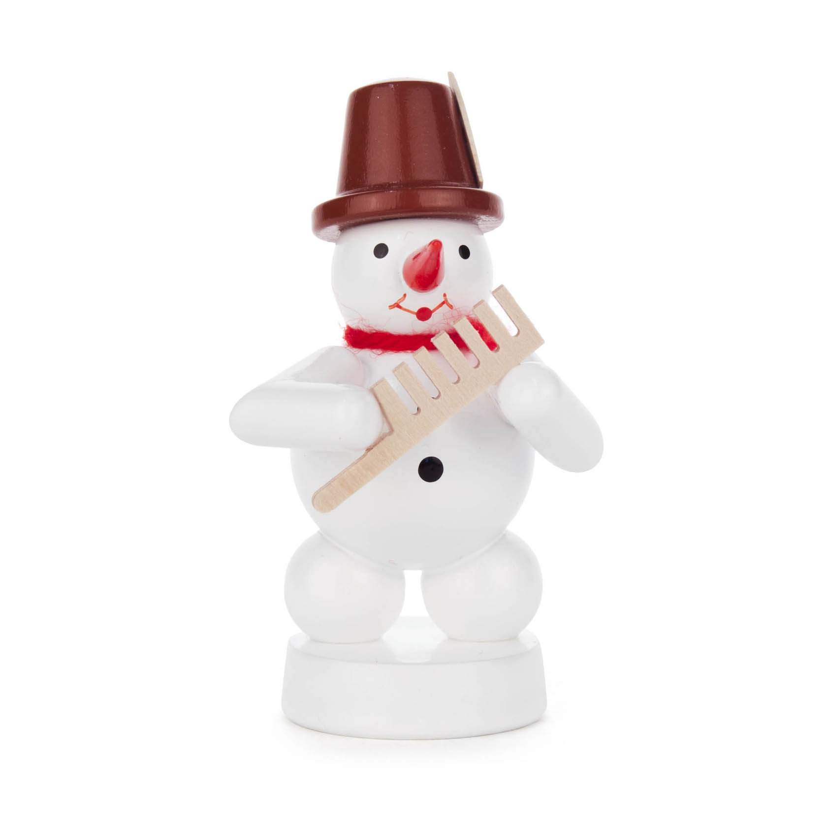 Wooden snowman figurine with a smiling face, wearing a brown top hat and holding a beige comb. im Dregeno Online Shop günstig kaufen