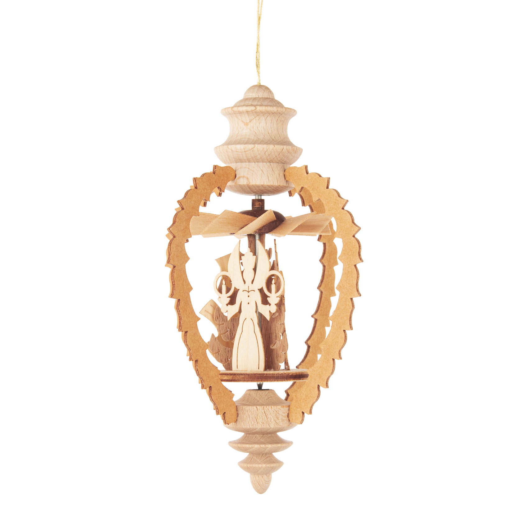 A hanging cone-shaped pyramid ornament featuring wooden figures of an angel, a miner, and a rider within intricate carved frames.