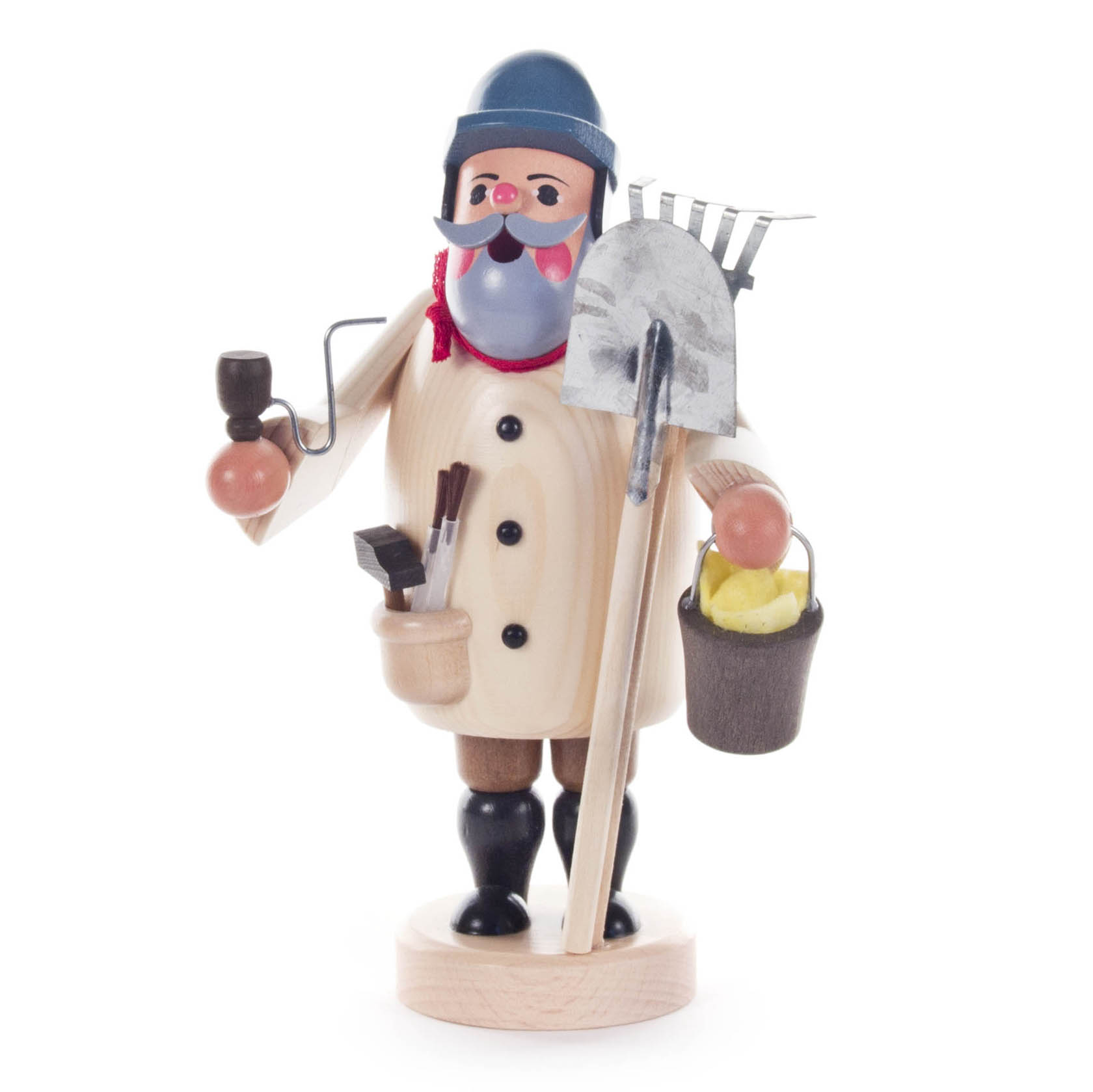 Wooden smoker figure depicting a janitor holding a pipe, shovel, bucket with potatoes, and tools in apron. im Dregeno Online Shop günstig kaufen