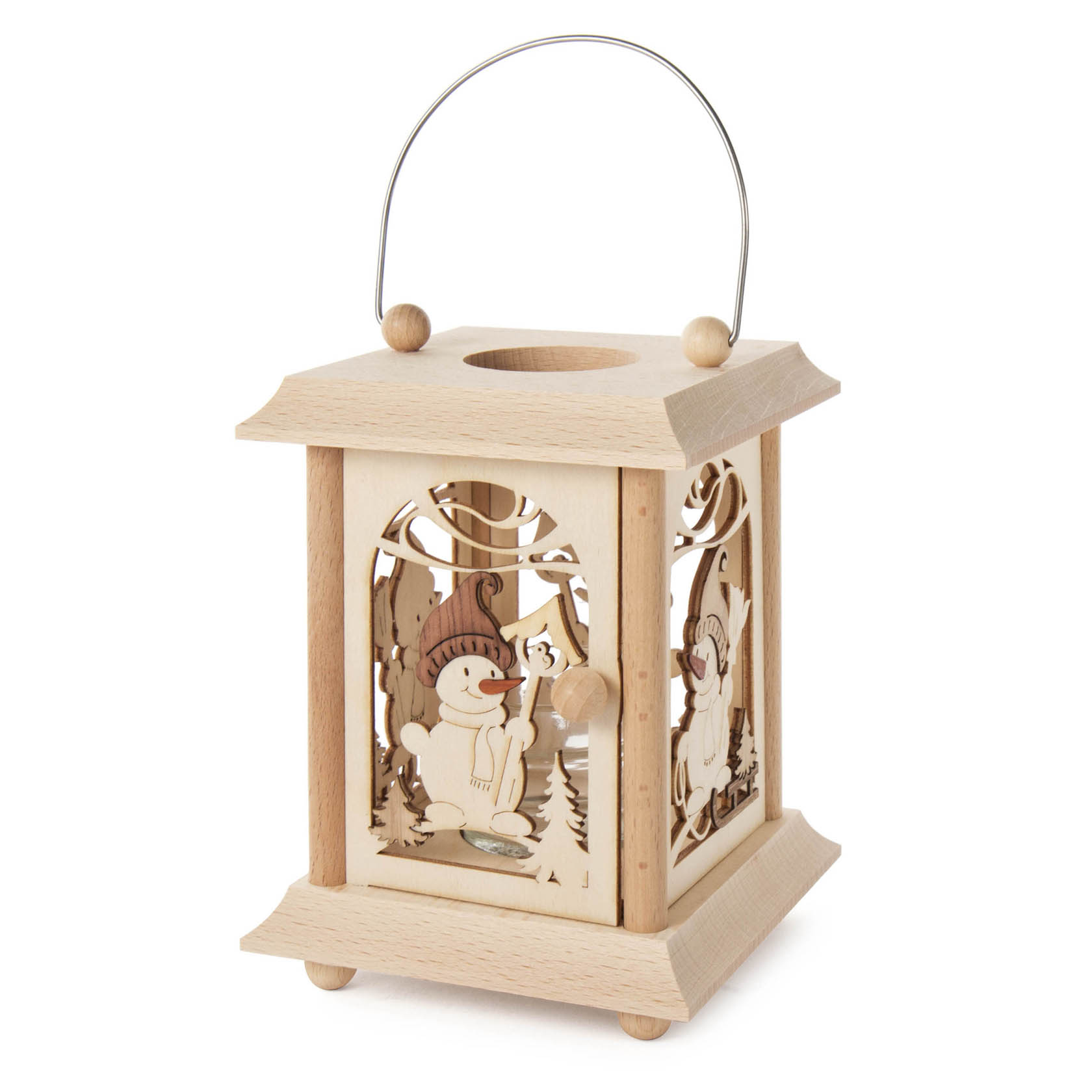 Holzlaterne mit geschnitzten Schneemann-Motiven und Glaseinsatz für Teelicht oder Votivkerze, mit Metallhenkel. im Dregeno Online Shop günstig kaufen