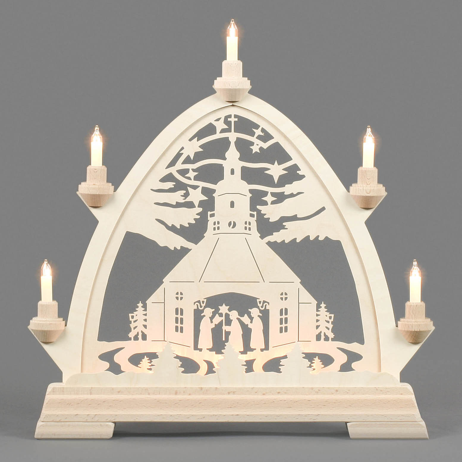 Gotischer Bogen mit Seiffener Kirche und Kurrende, elektrisch beleuchtet