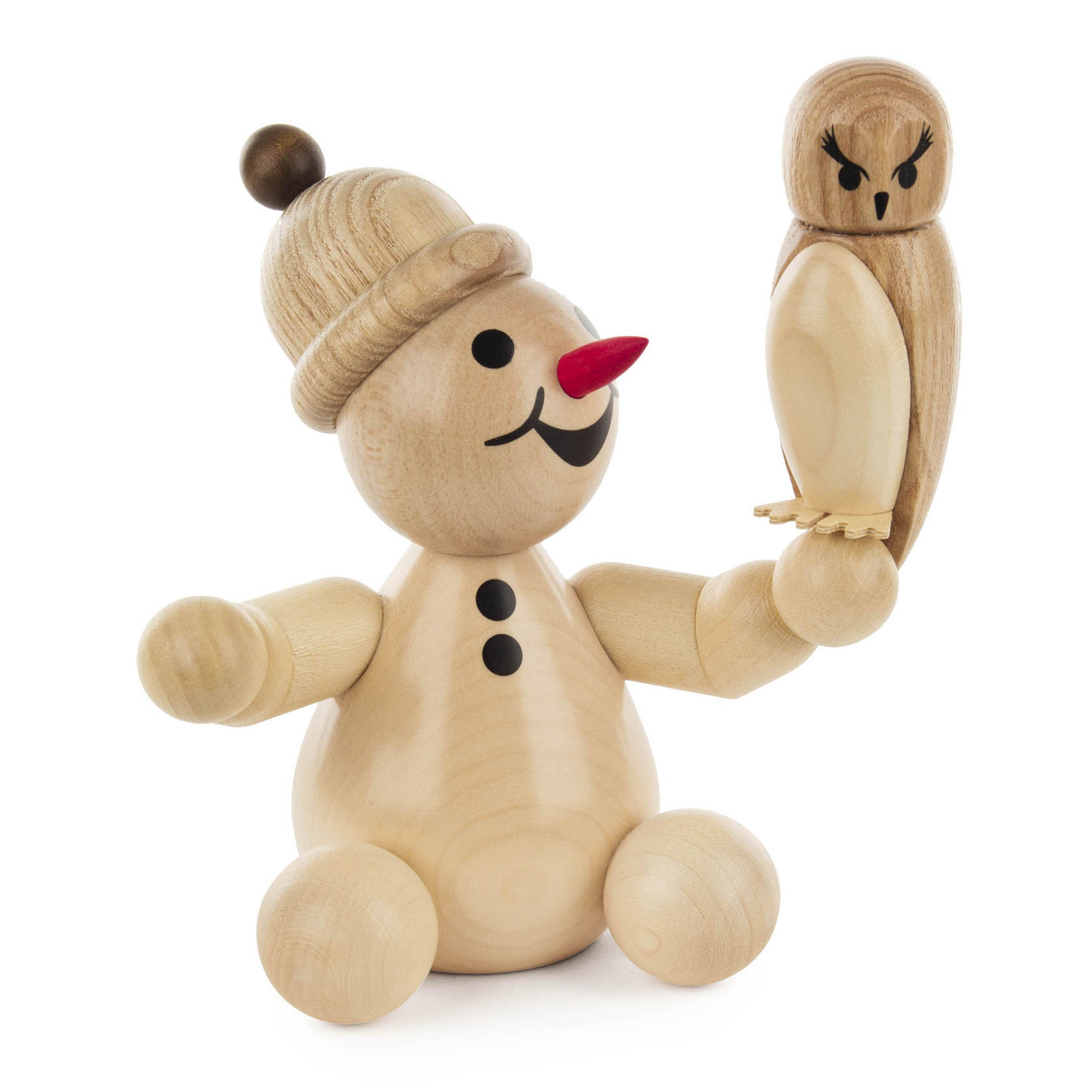 Holzfigur eines Schneemanns mit roter Nase, der einen stilisierten Holz-Uhu auf der Hand hält. im Dregeno Online Shop günstig kaufen