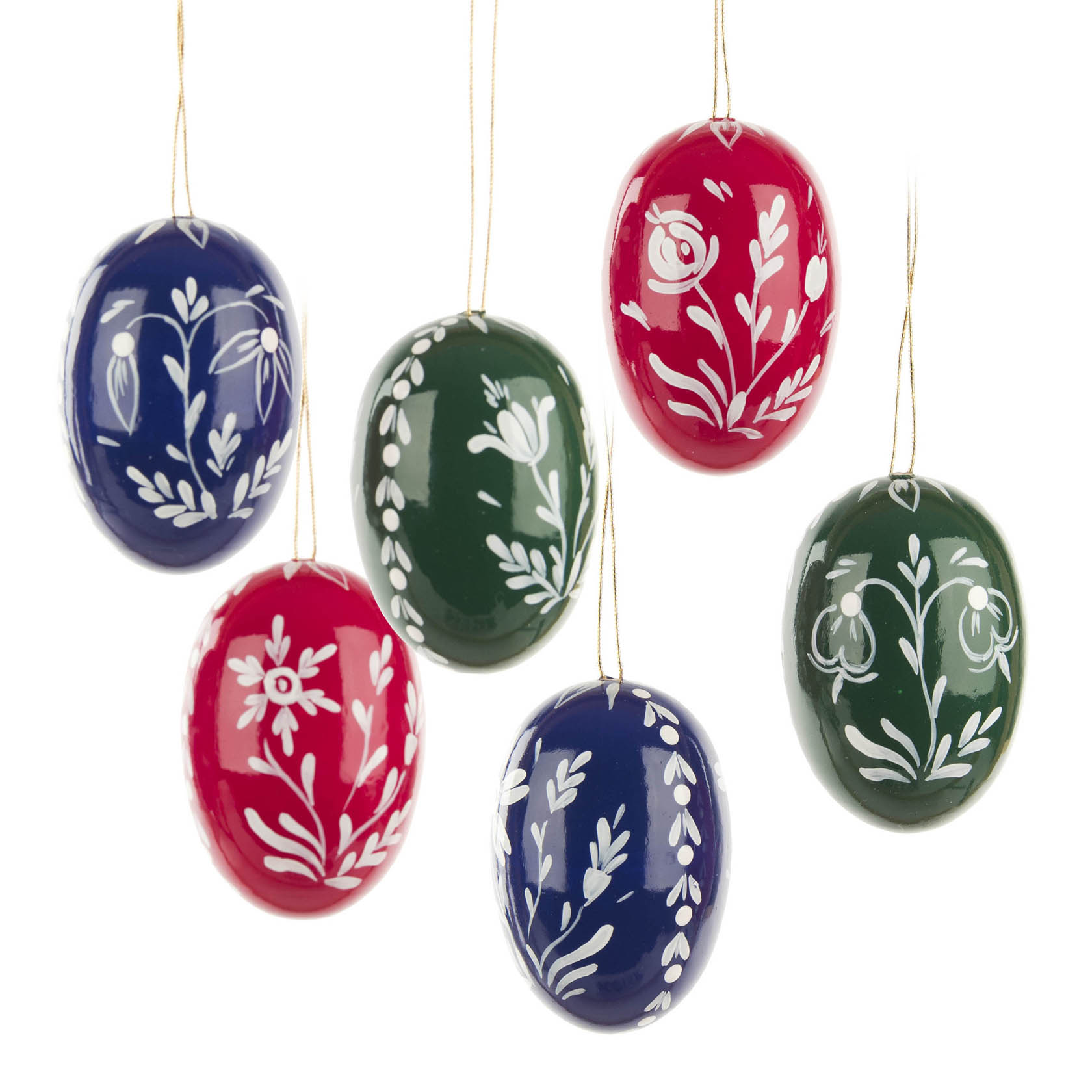 Six large hand-painted Easter eggs in blue, red, and green, each decorated with intricate white floral patterns and hanging from strings. im Dregeno Online Shop günstig kaufen