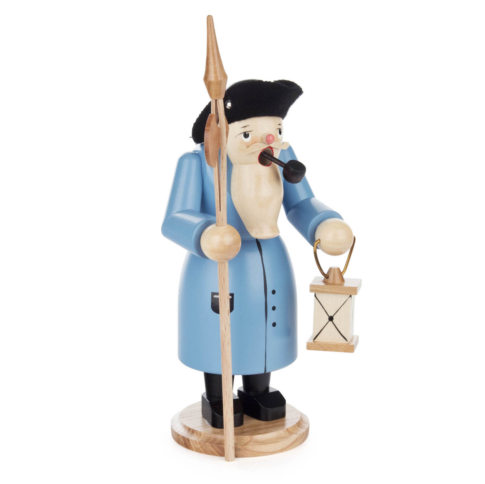 A wooden smoking figure of a night watchman wearing a blue coat, black tricorn hat and holding a lantern and staff.