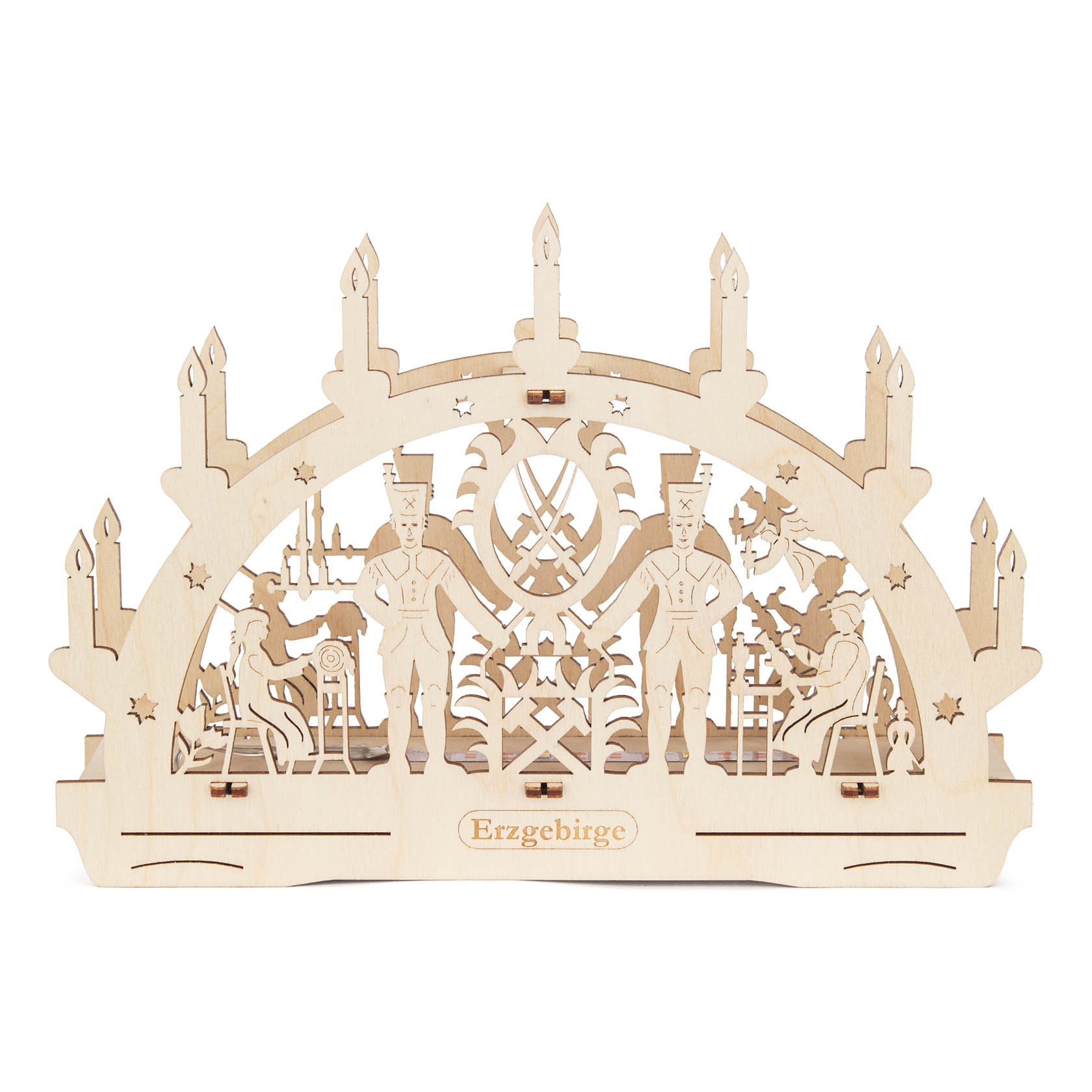 A wooden Schwibbogen with LED lighting featuring a motif of miners and traditional Erzgebirge designs, battery-operated. im Dregeno Online Shop günstig kaufen