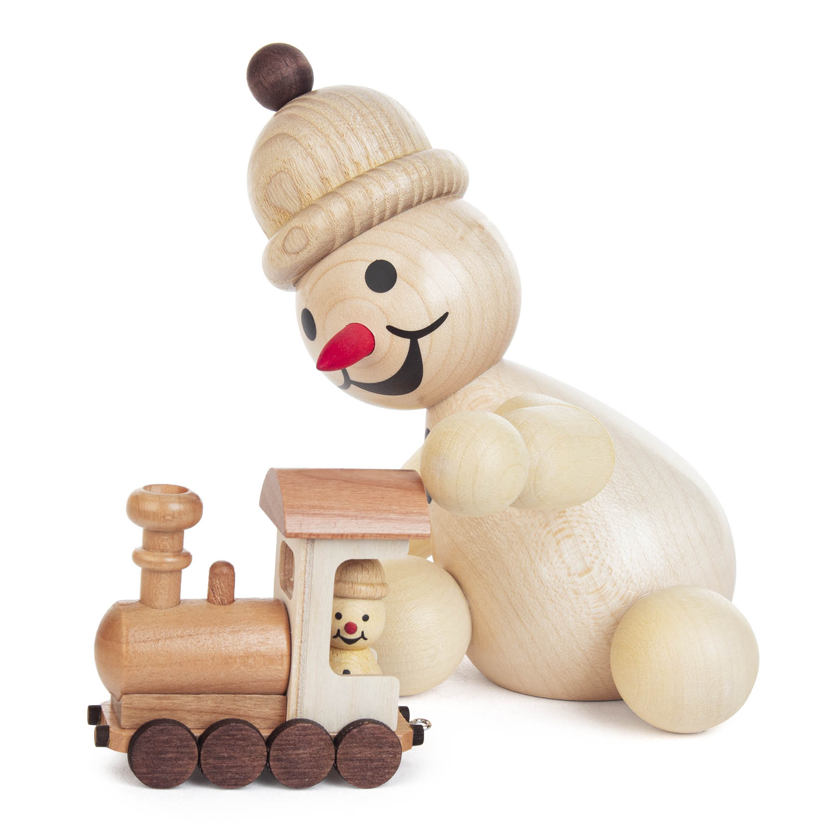 Wooden snowman toy with a smiling face, wearing a hat, leaning over a small wooden locomotive with wheels. im Dregeno Online Shop günstig kaufen