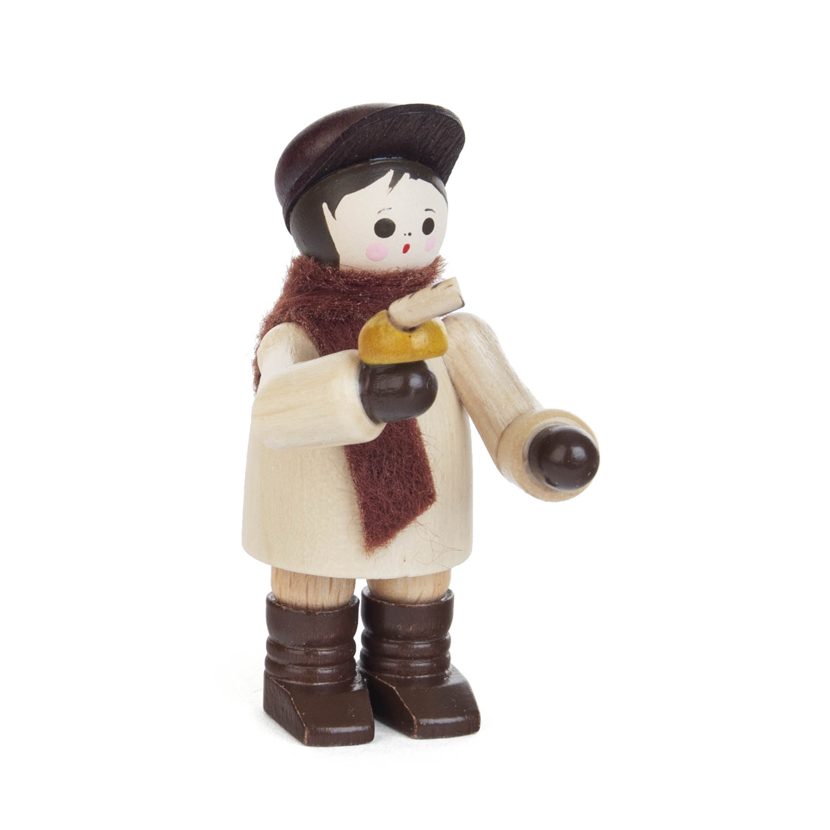 Wooden figurine of a father holding a small sausage, wearing a dark hat, red scarf, and coat. im Dregeno Online Shop günstig kaufen