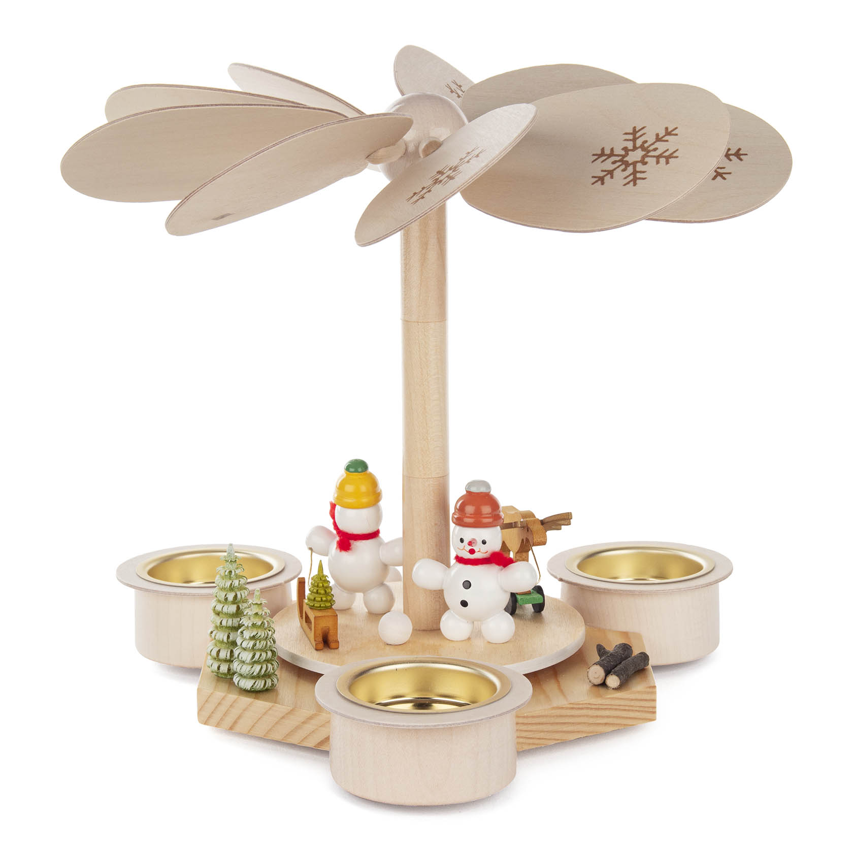 A wooden winter pyramid with a rotating fan on top, featuring two snowmen, a small tree, and tea light holders around the base.
