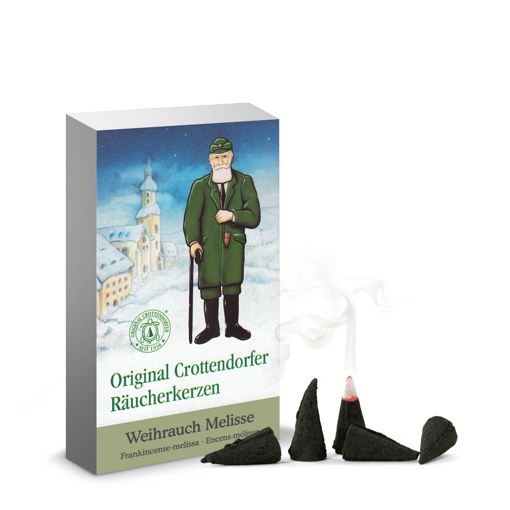 Eine Packung Crottendorfer Räucherkerzen mit dem Motiv eines Mannes in grüner Kleidung, umgeben von angezündeten und nicht entzündeten Räucherkerzenkegeln. im Dregeno Online Shop günstig kaufen