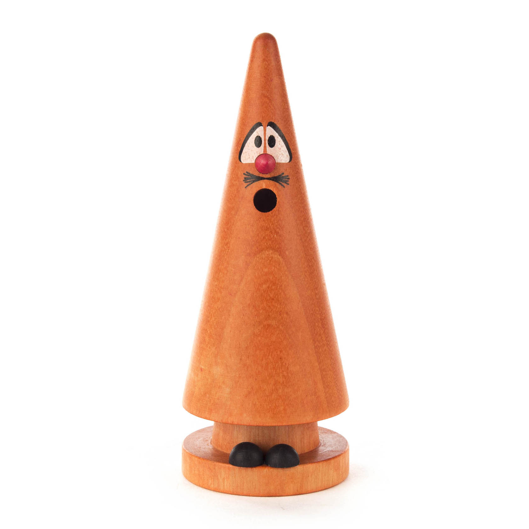 Eine orangefarbene Räucherfigur in Form eines Kegels mit aufgemaltem Gesicht und kleinem schwarzen Sockelfüßen. im Dregeno Online Shop günstig kaufen