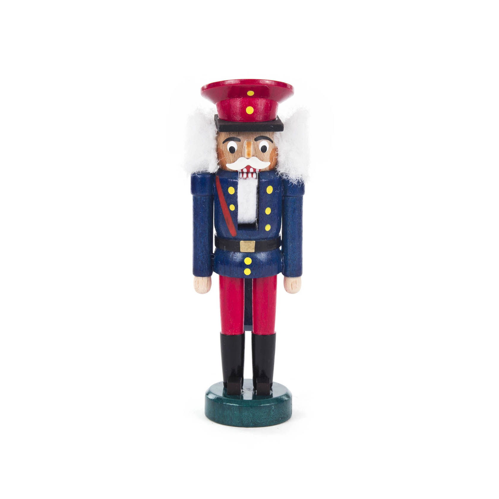 Ein Nussknacker in Eisenbahneruniform mit blauer Jacke und roter Hose, 13 cm hoch, mit einem roten Hut und weißem Bart.