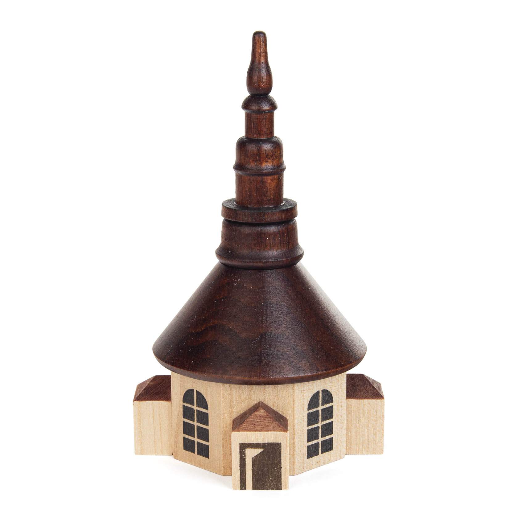 Holzmodell der Seiffener Kirche mit dunklem, konischem Dach und dunklem Turm, einfache geometrische Formen und helle Wände. im Dregeno Online Shop günstig kaufen