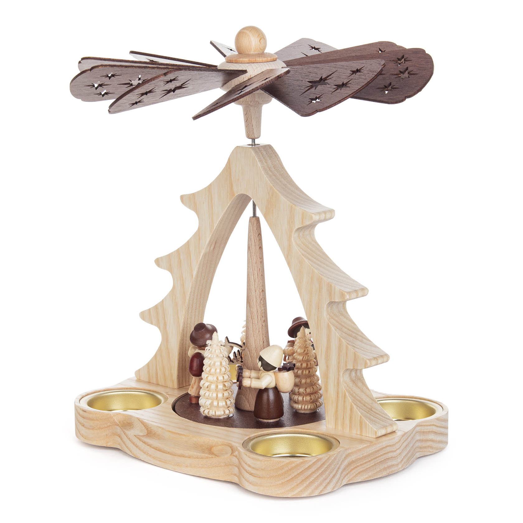 Wooden Christmas pyramid with a spinning fan, featuring four carved figures and Christmas trees, with three candle holders at the base.