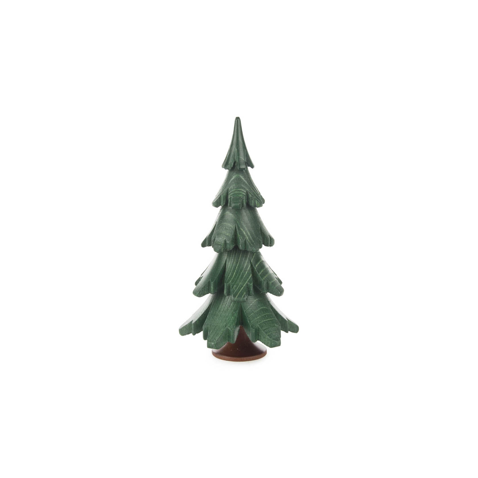 Ein kleiner, dunkelgrün lasierter Baum aus Massivholz, etwa 12,5 cm hoch, mit mehreren Lagen von stilisierten Zweigen. im Dregeno Online Shop günstig kaufen