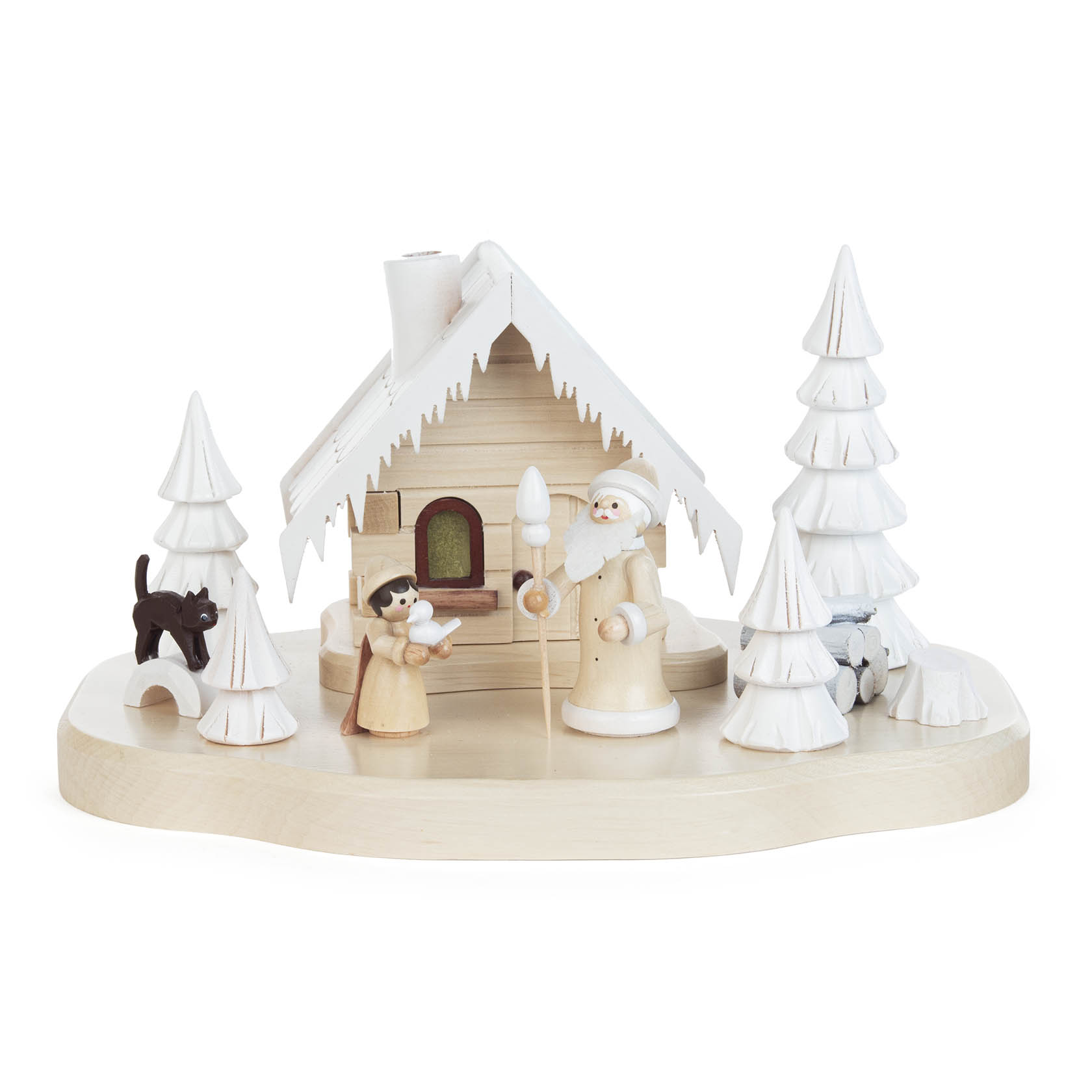 Holzmodell eines Räucherhauses mit Väterchen Frost, einem Kind, Bäumen und Tieren. Väterchen Frost hält einen Stab, das Kind eine Schneekugel. im Dregeno Online Shop günstig kaufen