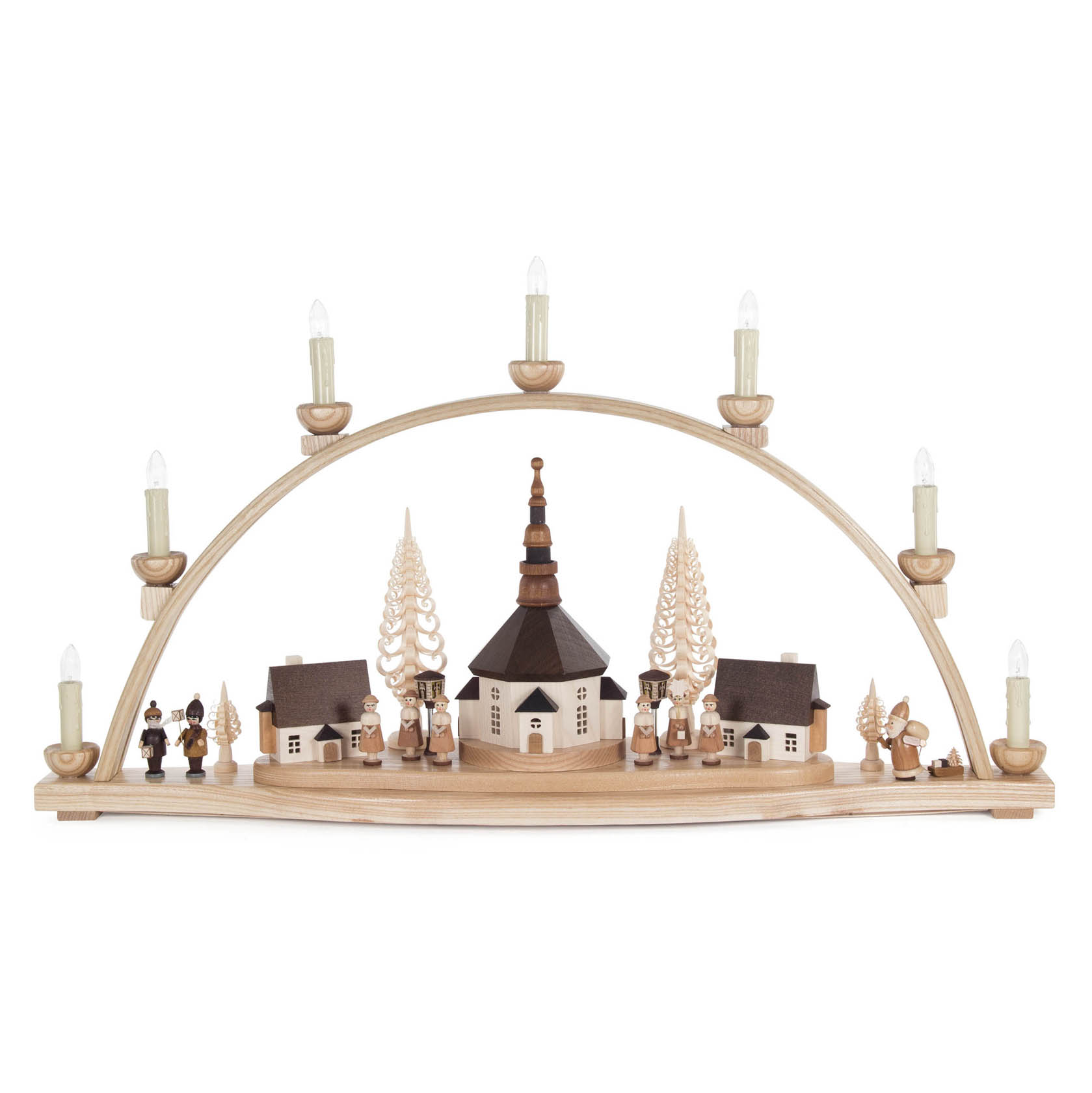 Wooden arch-shaped candle holder with a Seiffener village scene, featuring illuminated buildings, lanterns, and a central church, all electrically lit.